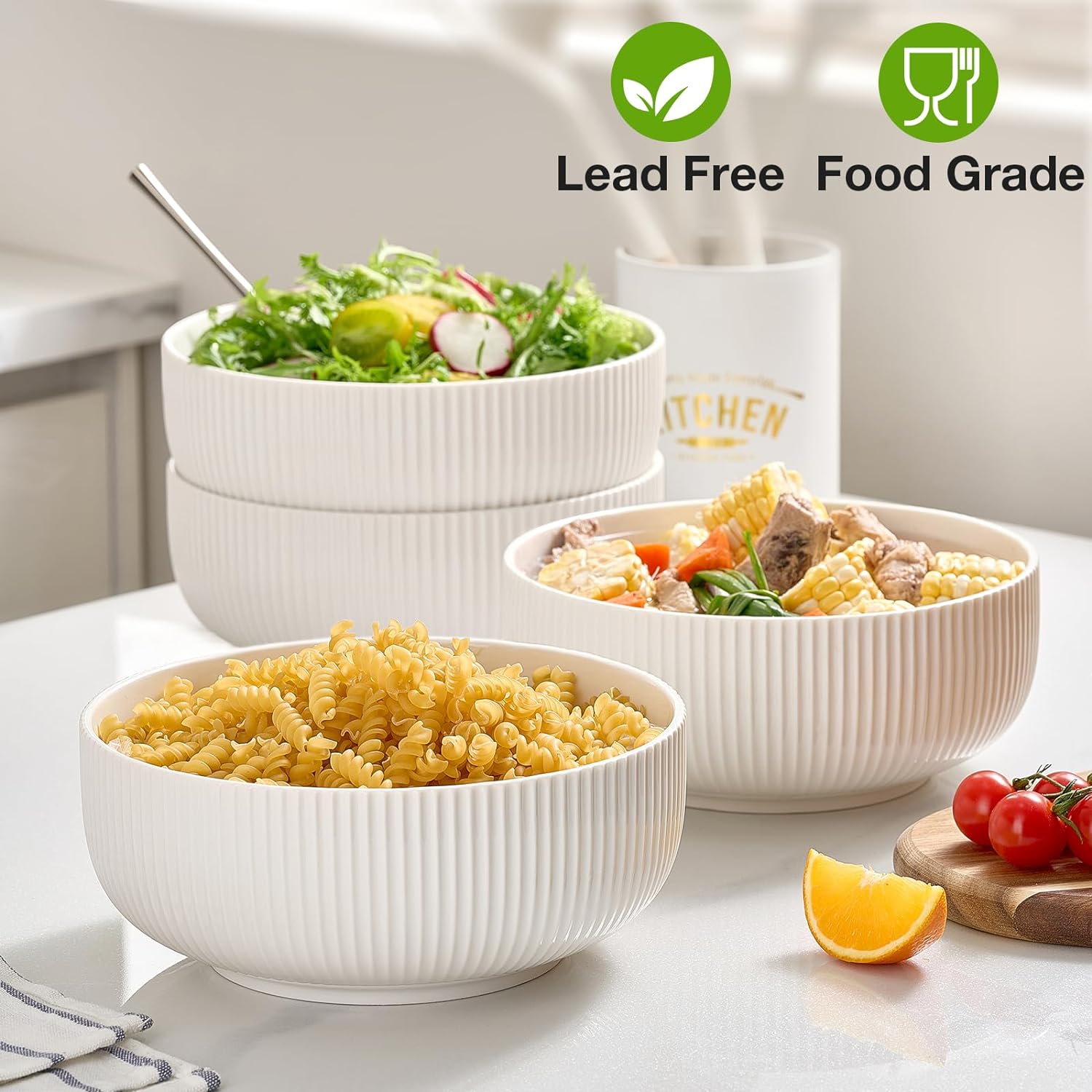 Mfacoy 2 Pack Salad Bowl  8 inch 60 oz Large Serving Bowl Set  Deep Bowl for Kitchen  White Ceramic Bowl Set for Soup  Cereal  Ramen  Pasta  Salad  Dishwasher & Microwave Safe  Easy Clean