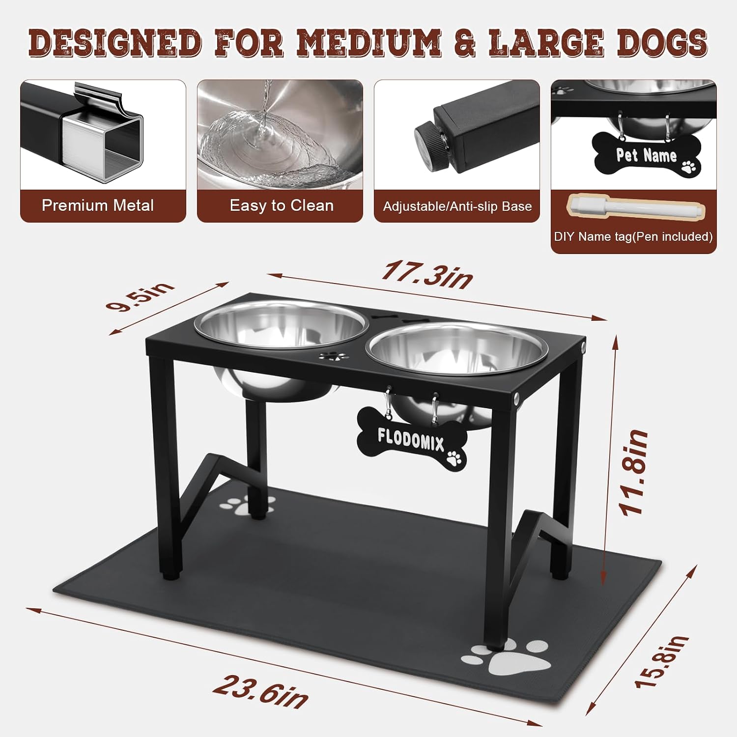 Elevated Dog Bowls  Metal Raised Dog Bowl Stand with 2 Thick 58oz Stainless Steel Food Bowls & Non-Slip Mat - 11.8" Tall for Medium/Large Breeds