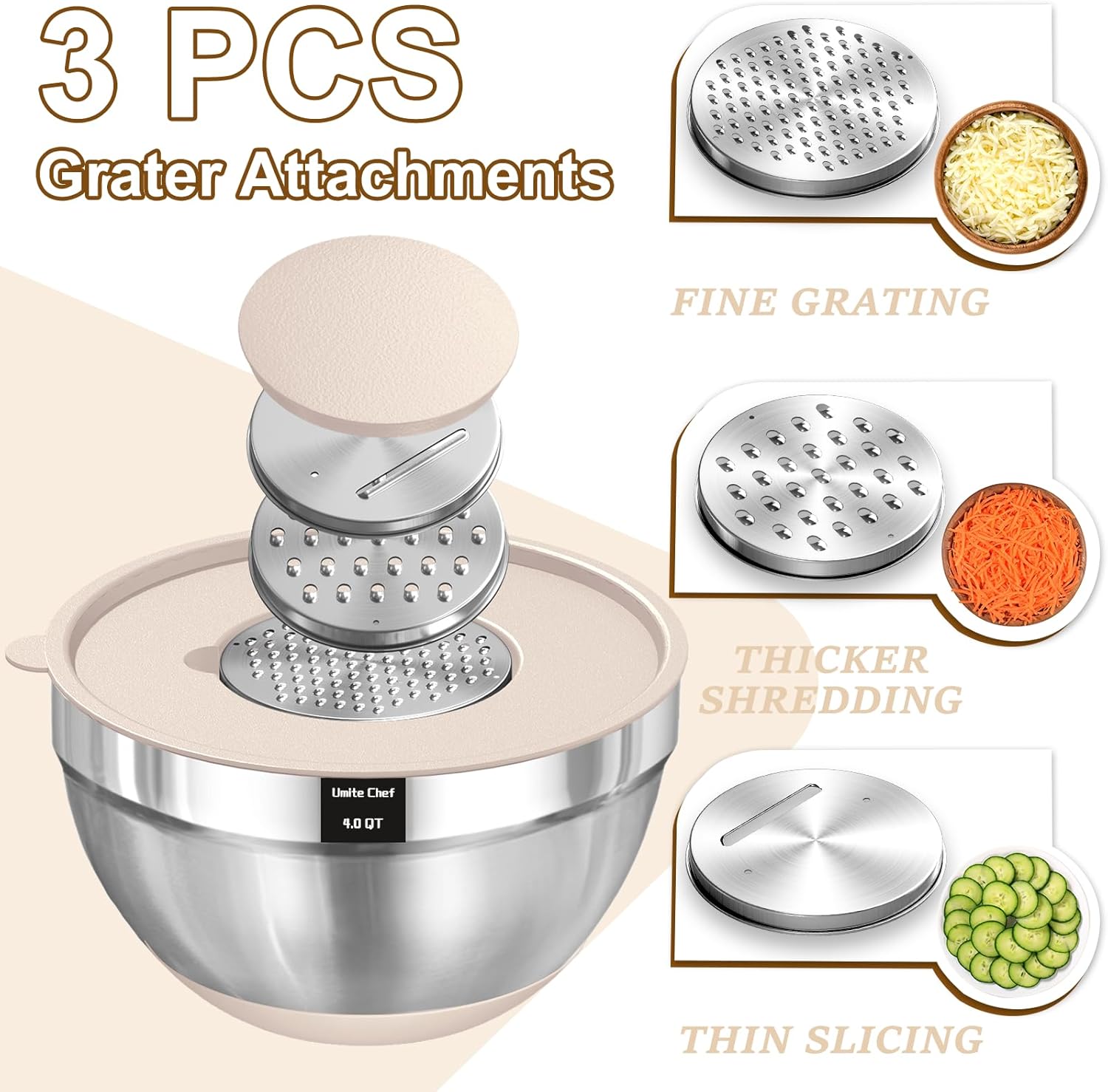 Umite Chef Mixing Bowls with Airtight Lids Set  8PCS Stainless Steel Khaki Nesting Bowls with Grater Attachments  Kitchen Bowls with Non-Slip Bottoms  Size 5  4  3.5  2  1.5QT for Mixing & Serving