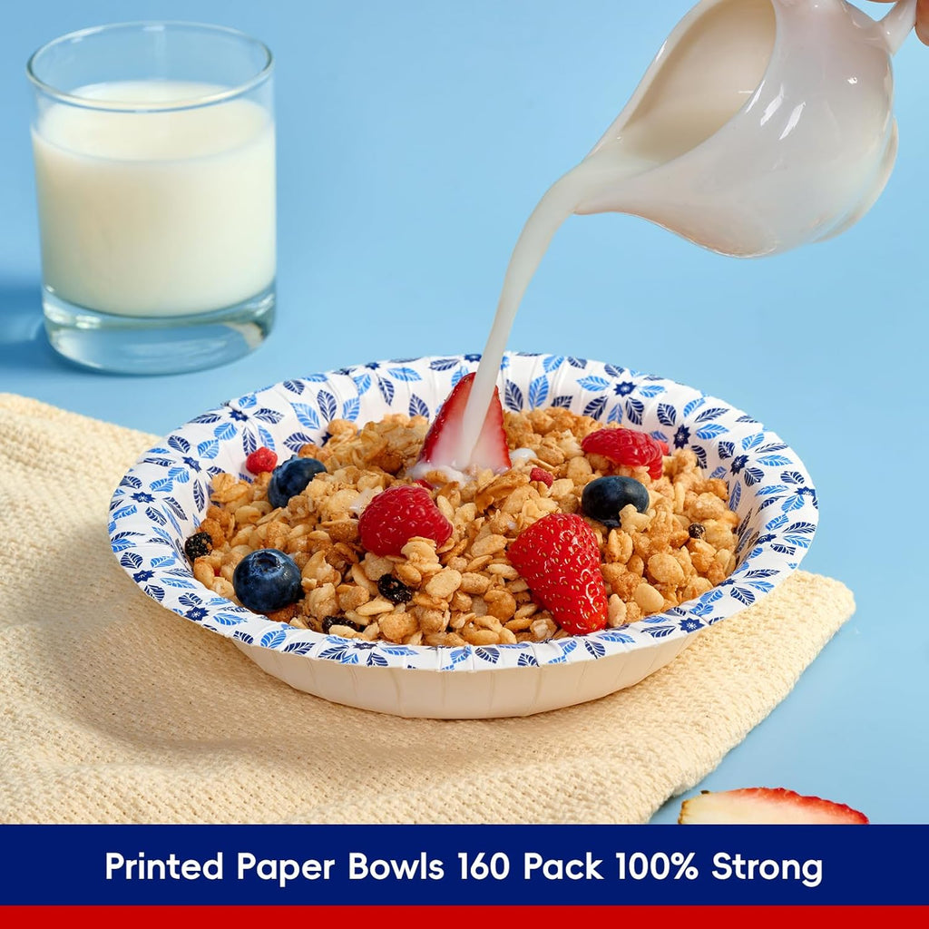 JOLLY CHEF 160 Count Paper Bowls 20 oz Soak Proof  Heavy Duty Printed Disposable Bowls Bulk for Dinner or Lunch