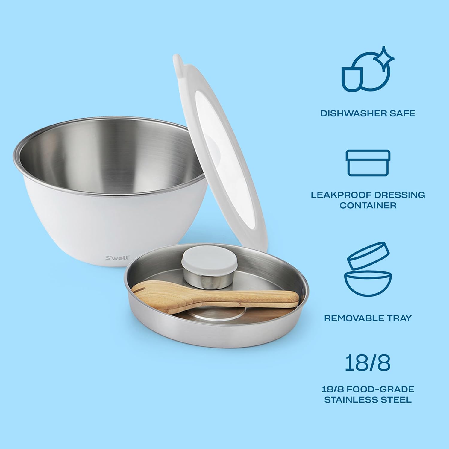 S'well Stainless Steel Salad Bowl Kit XL 184oz  Angel Food  Includes 5oz Canister For Dressing  Serving Utensils  and Removable Tray  Leakproof  Easy to Clean  Dishwasher and Refrigerator Safe