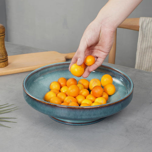 Ceramic Fruit Bowl for Kitchen Counter Decorative Pedestal Bowl for Table Countertop Large Footed Serving Bowl 10.2 Inch (Blue)