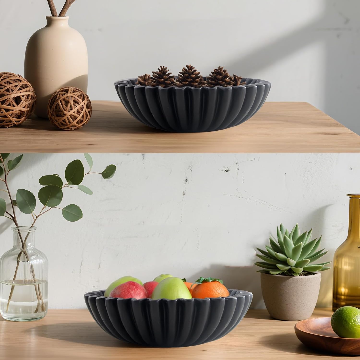 Large Modern Decorative Ruffle Bowl for Home Decor Fruit Bowl Organic Catch All Key Kitchen Entryway Shelf Coffee Table Black