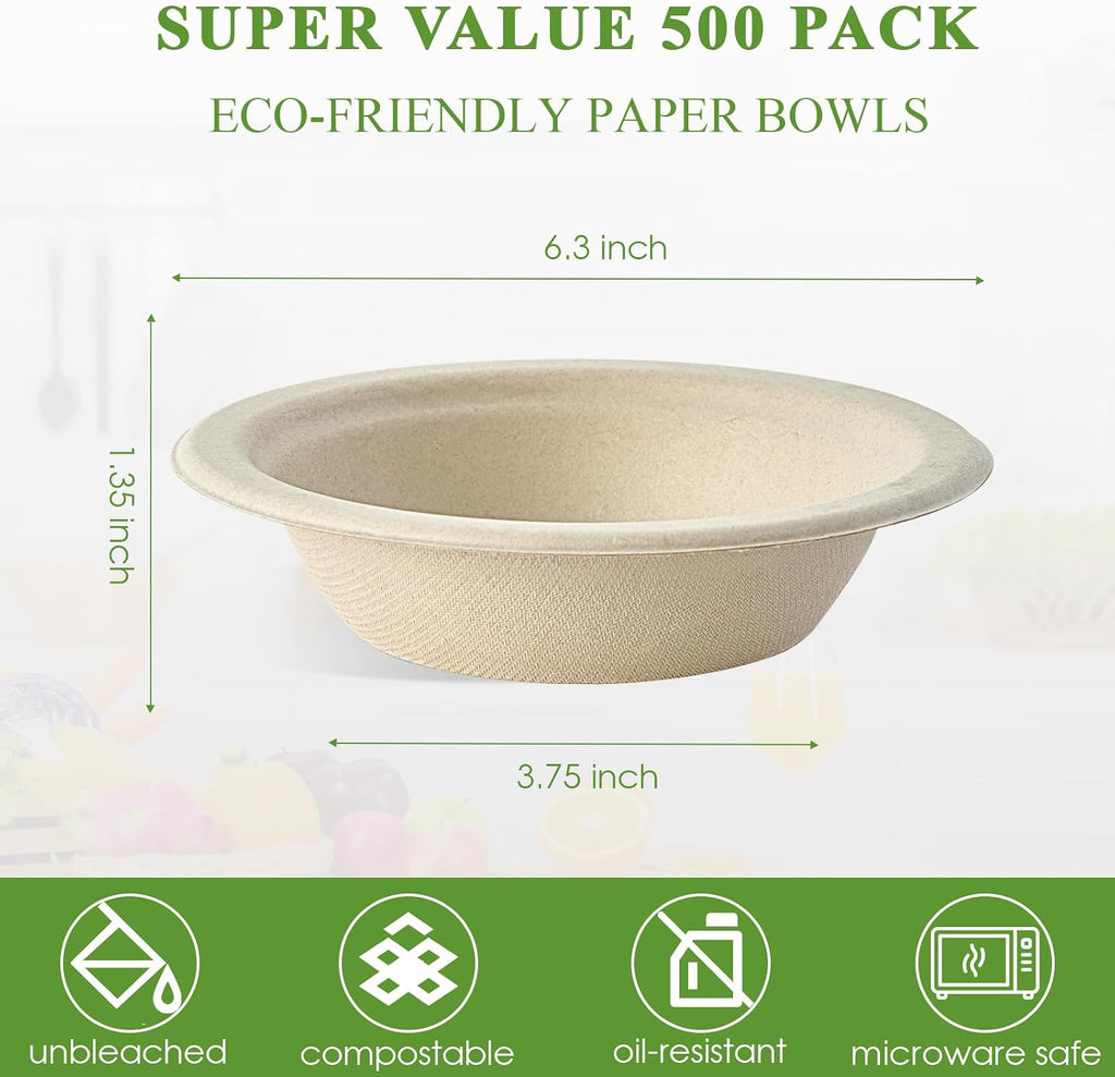 Vplus 500 Pack 12 OZ Paper Bowls Bulk  Disposable Compostable  Eco-friendly Bagasse  Heavy-duty Bowls Perfect for Milk Cereals  Snacks  Salads Nature