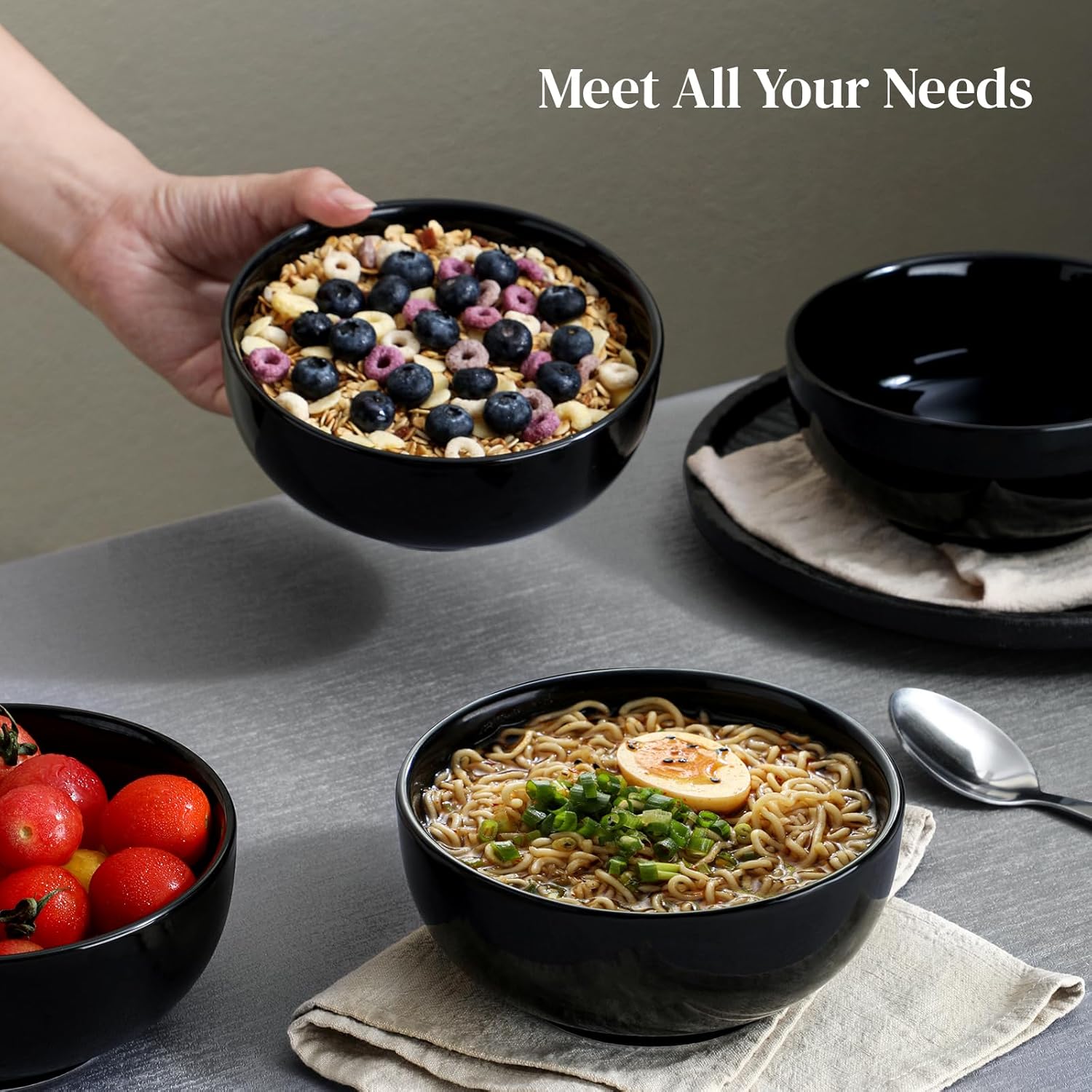DOWAN 22 OZ Ceramic Soup Bowls & Cereal Bowls - 6" Classic Bowls Set of 4 for Soup  Cereal  Oatmeal  Fruit  Rice - Dishwasher & Microwave Safe (Black)