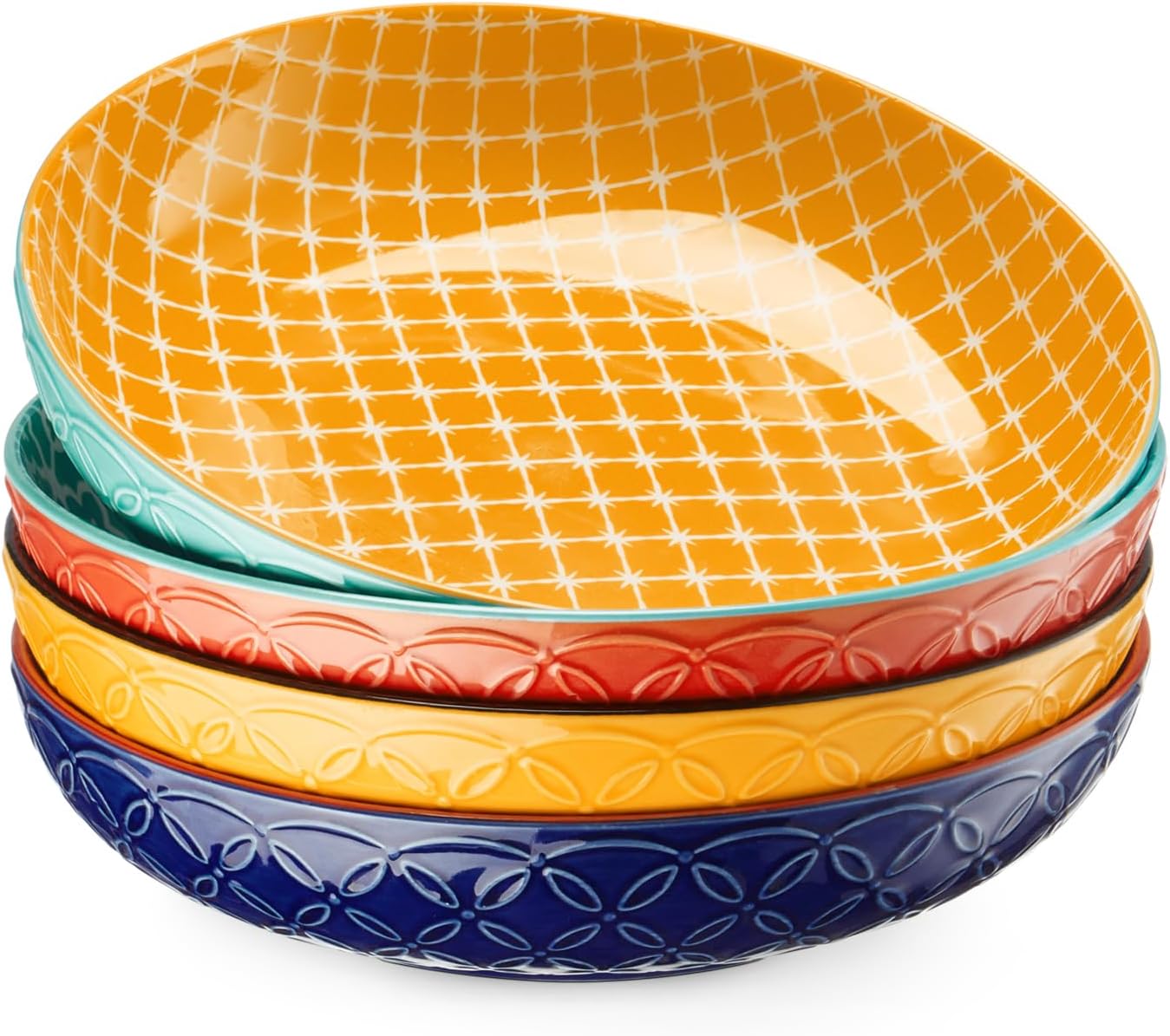 DOWAN 8.5" Vibrant Pasta  Salad & Soup Serving Bowls Set of 4  Embossed Large Porcelain Ceramic  Microwave  Oven & Dishwasher Safe  Bonita Design Perfect for Daily Dining  Family Gatherings  Party