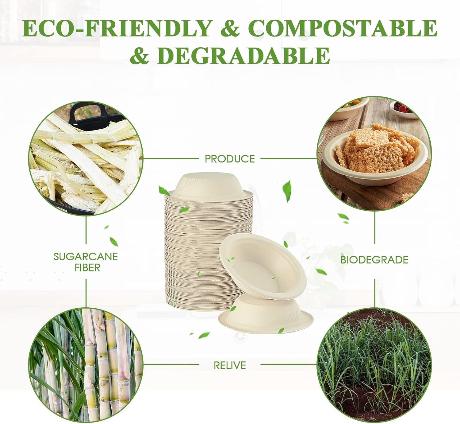 Vplus 500 Pack 12 OZ Paper Bowls Bulk  Disposable Compostable  Eco-friendly Bagasse  Heavy-duty Bowls Perfect for Milk Cereals  Snacks  Salads Nature