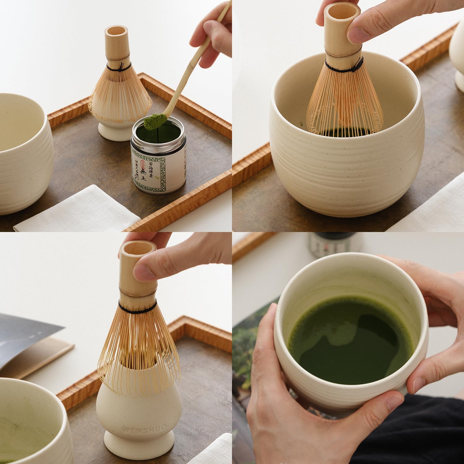 Matcha Whisk Set  Ceramic Matcha Bowl & Whisk Holder  Bamboo Accessory  Modern Design (Matte Crème  Traditional Bowl Design)
