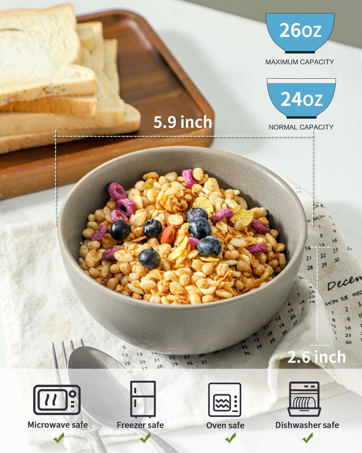Cereal Bowls Set of 4  24 oz Ceramic Bowls for Kitchen  Stoneware Soup Bowls for Salad  Ramen  Snack  Dessert  Unique Housewarming Gift  Dishwasher Microwave Safe  Matte Gray