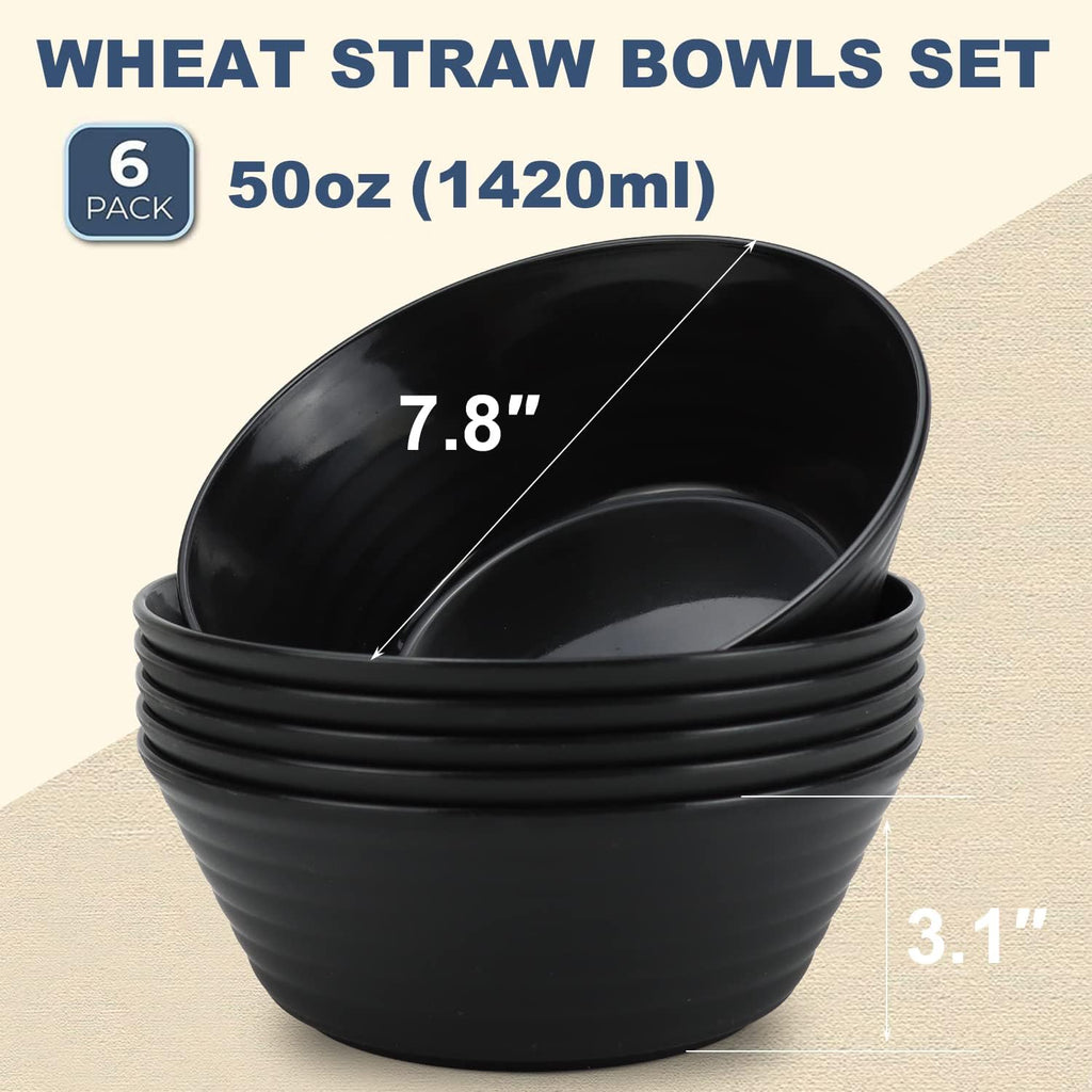 Wrova Wheat Straw Bowl Sets 6 PCS Unbreakable Big Cereal Bowl 50 OZ Microwave and Dishwasher Safe Bowls Alternative Plasic Bowl Reusable for Serving Soup Oatmeal and Salad (Black)