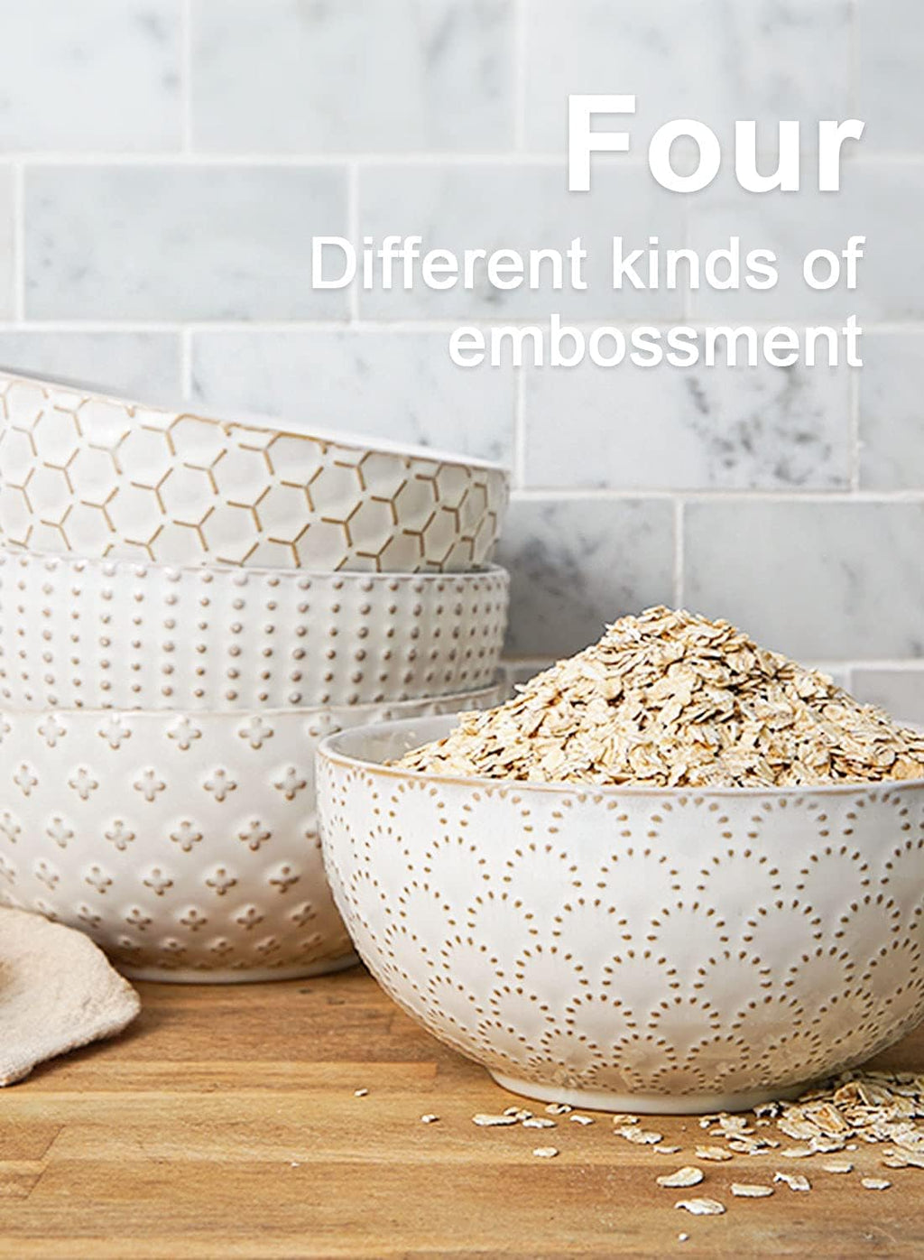 LE TAUCI Cereal bowls 26 oz  Ceramic Soup Bowl for Kitchen  Embossment Stoneware Bowl for Pho  Chip  Fruits  Salad  Noodle  Ramen  Suit For Housewarming - 6 Inch  Set of 4  Arctic white