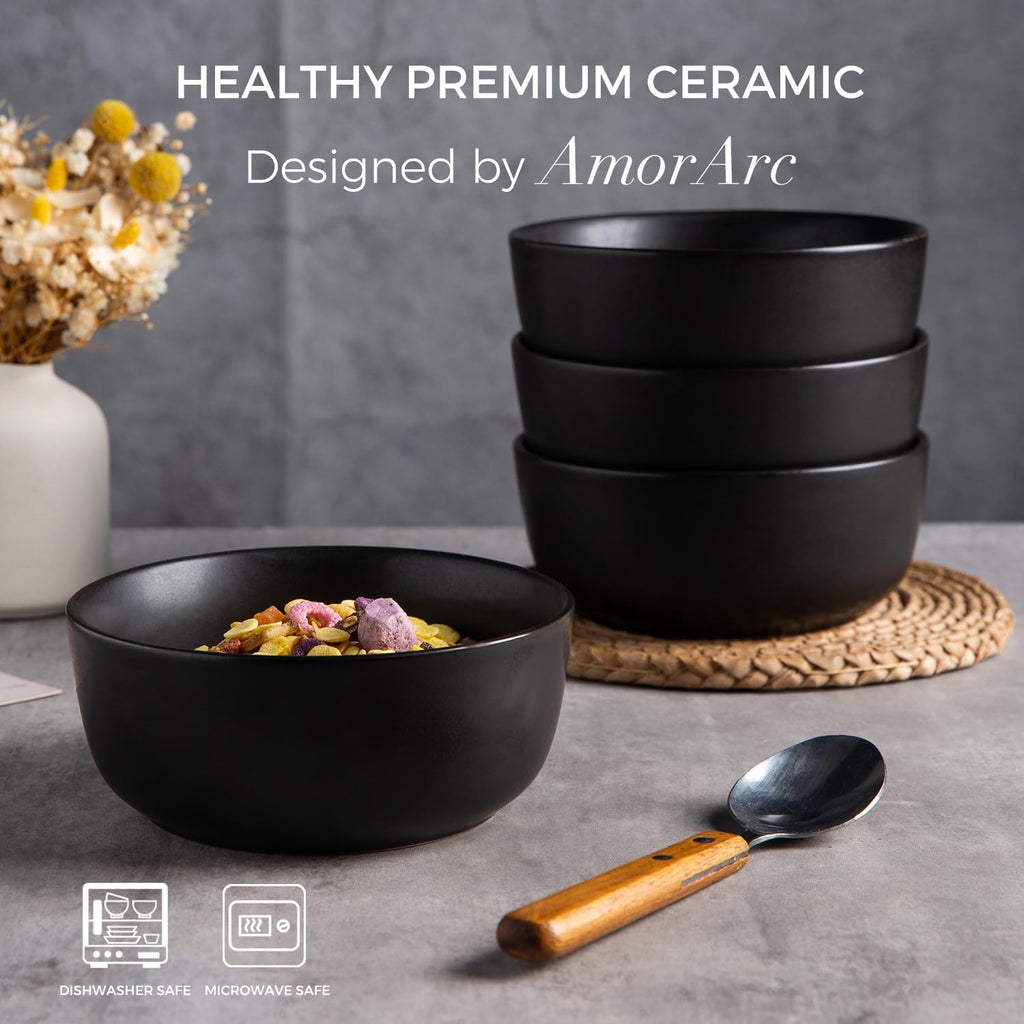 AmorArc Stoneware Cereal Bowls Set of 4  26oz Soup Bowls Set for Cereal Soup Snacks  Modern Kitchen bowls for Meal  Dishwasher &Microwave Safe  Matte Black
