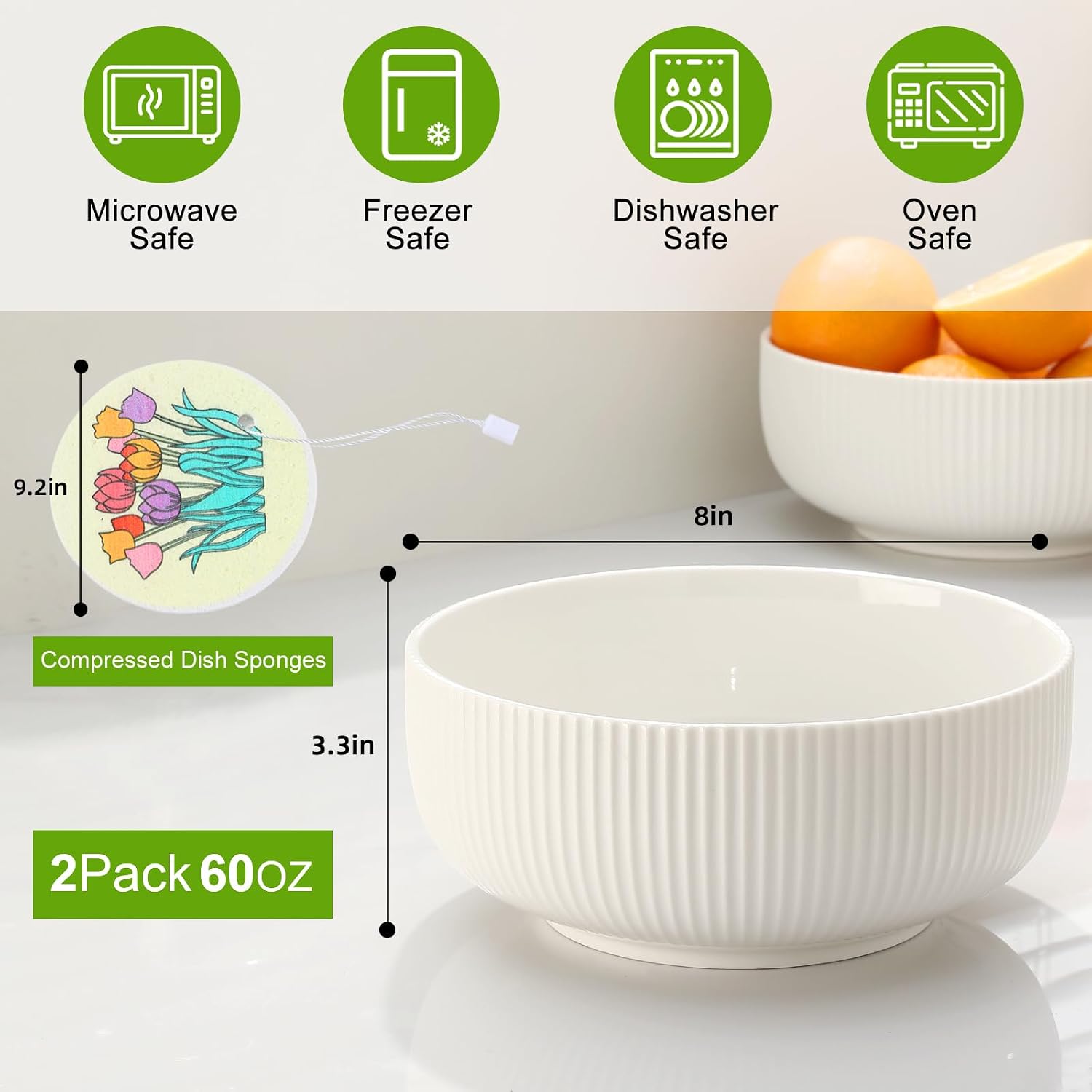 60oz Salad Bowl Set 2 Pack Serving Bowls for Entertaining 8inch Large White Ceramic Bowl for Side Dishes Soup  Pho  Cereal  Pasta  Fruit  Microwave and Dishwasher Safe