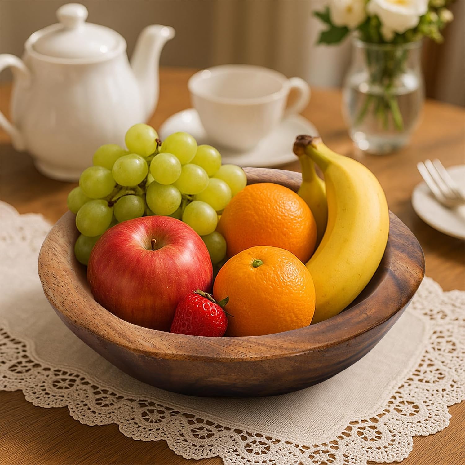 ZENFUN Wooden Decorative Bowl  Wood Round Serving Bowl  Walnut Tray Dish Kitchen Dining for Fruits  9.4" Diameter x 2.5" Height  Seamless