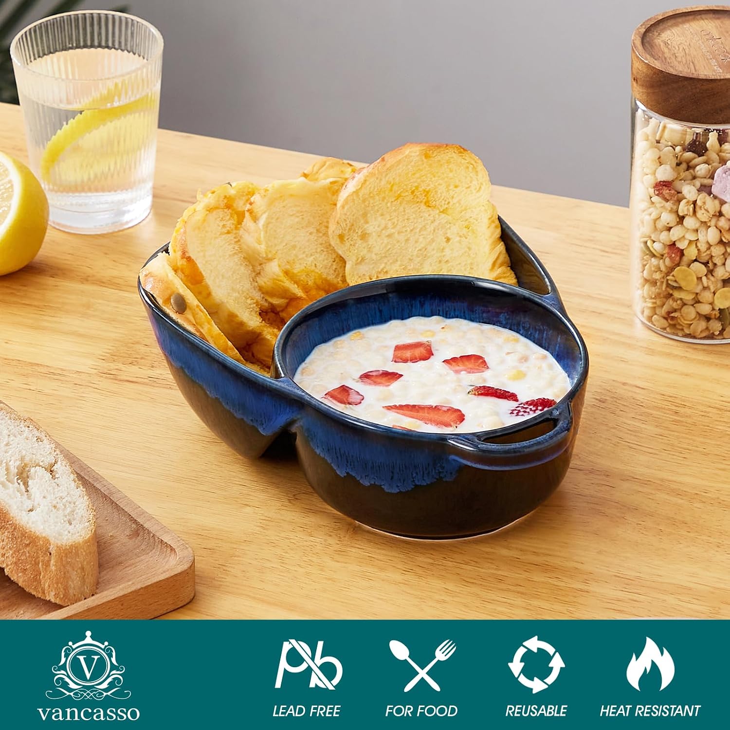 vancasso Starry Chip and Dip Bowl  Anti-Soggy Cereal Bowl  Soup and Sandwich Plate Combo  Breakfast Powls  Divided Snack Bowls Gifts for Wedding Housewarming Party  2 Pack(Blue)