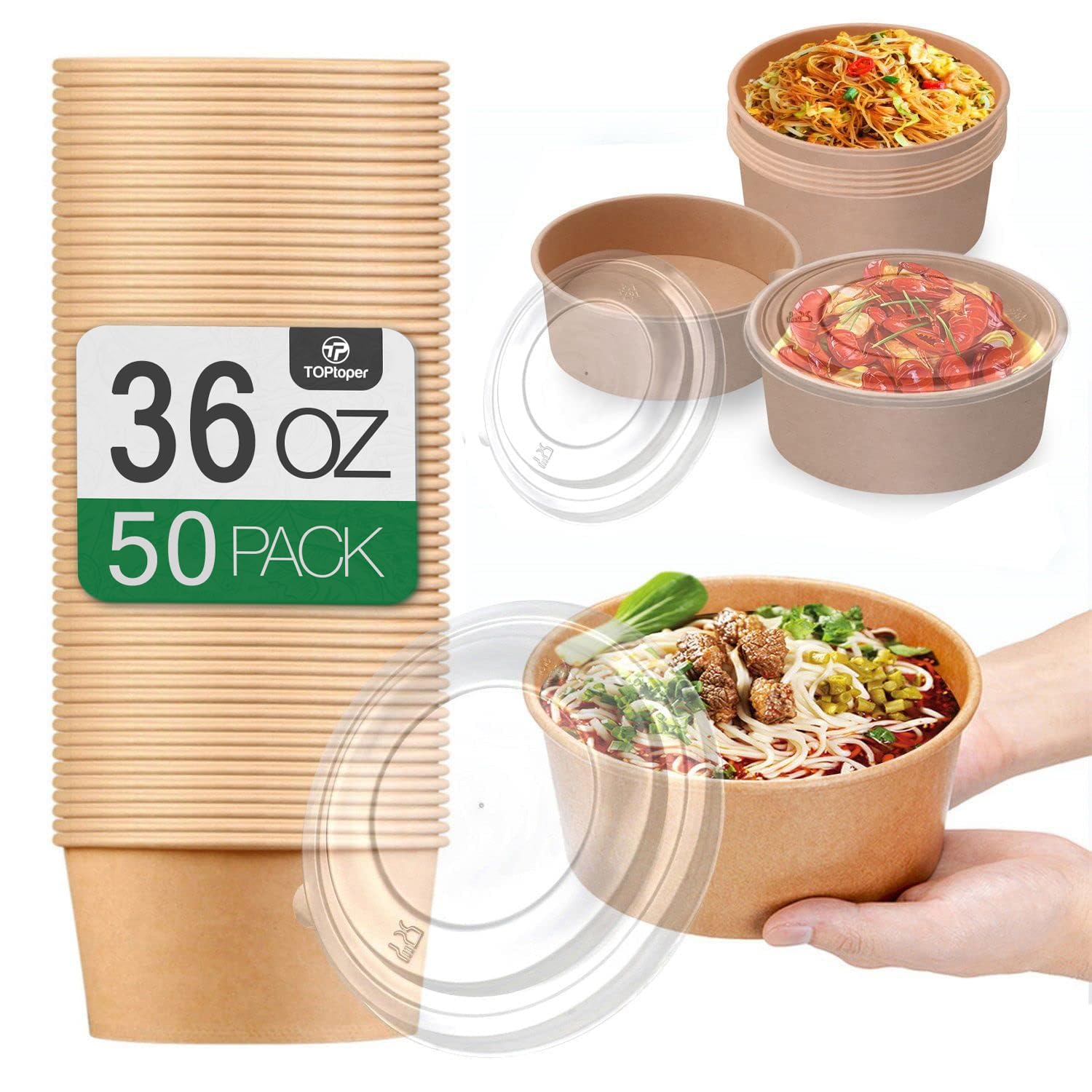 36Oz 50Pcs Large Paper Bowls with Lids  Disposable Soup Serving Bowls Bulk Party Supplies for Hot/Cold Food  Soup (36 OZ)