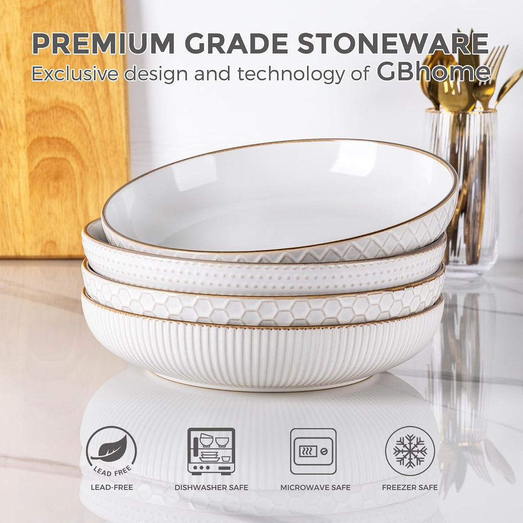 GBHOME 9.5'' Large Pasta Bowls  42 Ounce Stoneware Salad Bowls for Kitchen  Ceramic Serving Bowls With Textured Pattern for Pasta Fruit  Stews Noodle  House-warming Gift Set of 4-Off White