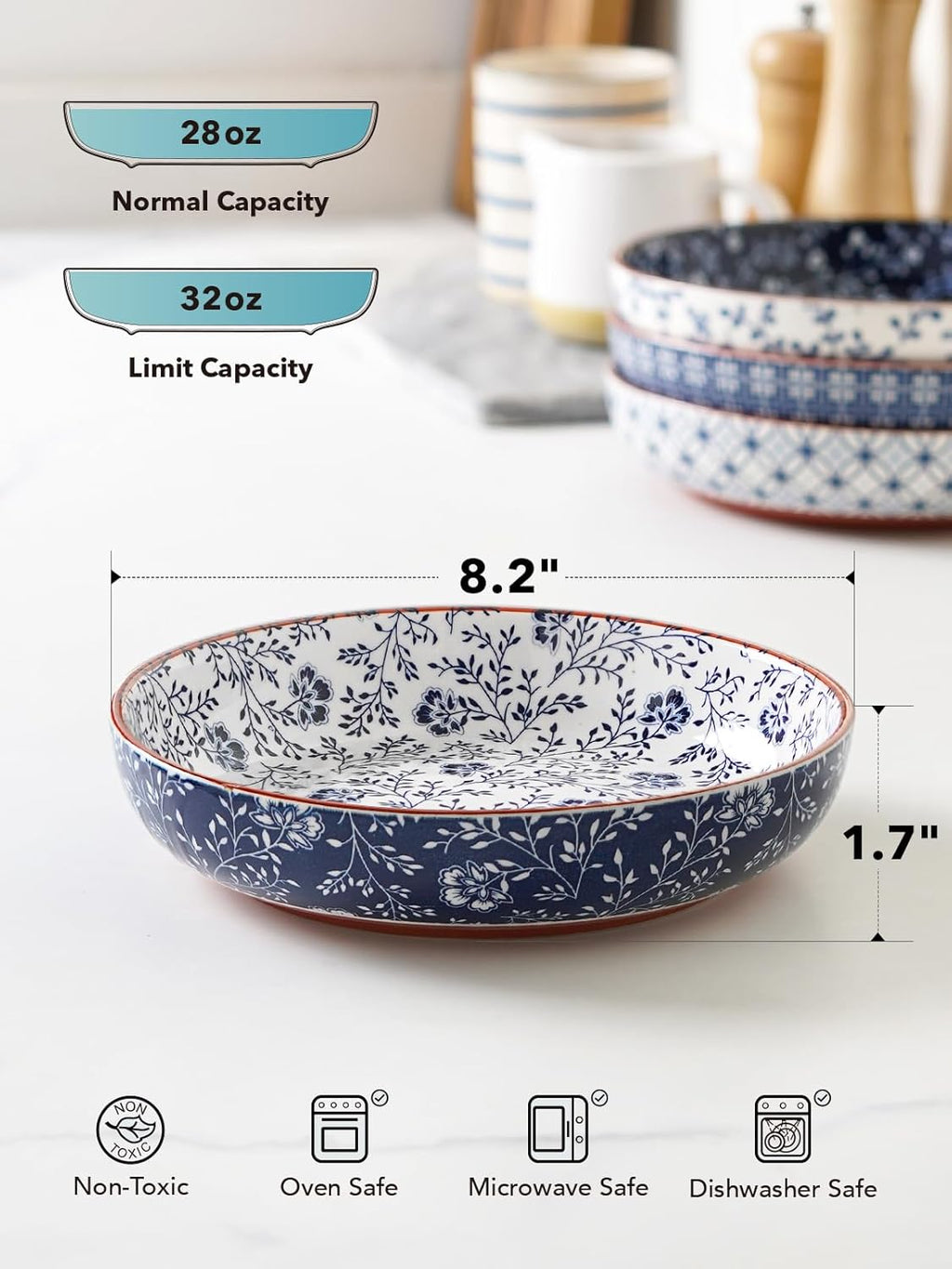 LE TAUCI Pasta Bowl 32 oz  Ceramic Salad Bowl  Japanese-Style Plate Bowls for Serving Pasta  Fruits  Salad  Noodle  Dinner  Soup  Mircrowave Oven Dishwasher Safe - 8.2 Inch  Set of 4  Vintage Blue