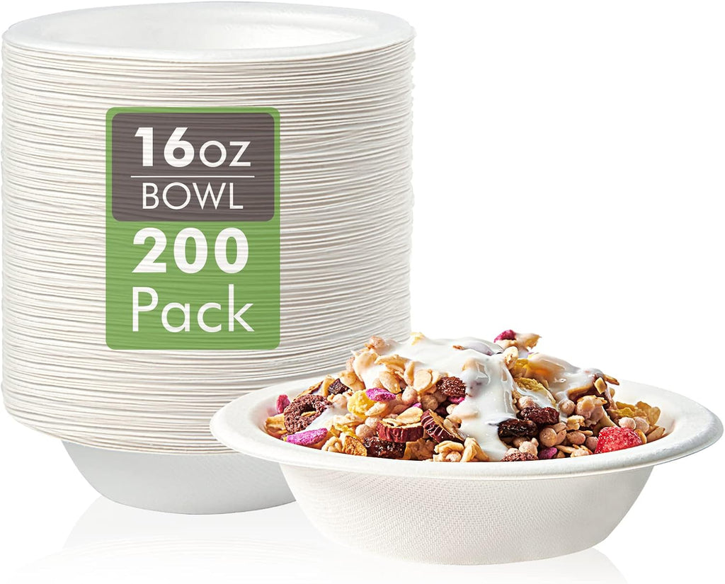 Vplus 200 Pack 16 OZ Paper Bowls  Disposable Compostable Bulk  Eco-friendly Bagasse  Heavy-duty Bowls Perfect for Milk Cereals  Snacks  Salads