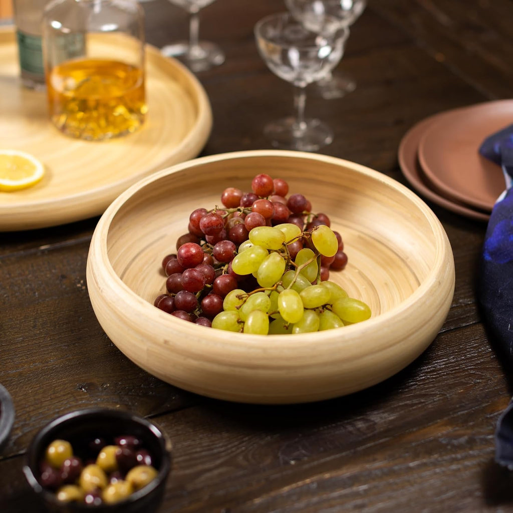 LEXA 12" Handmade Natural Bamboo Wooden Fruit Bowl for Kitchen Counter - 130 oz Lightweight Large Bamboo Wood Salad Bowl