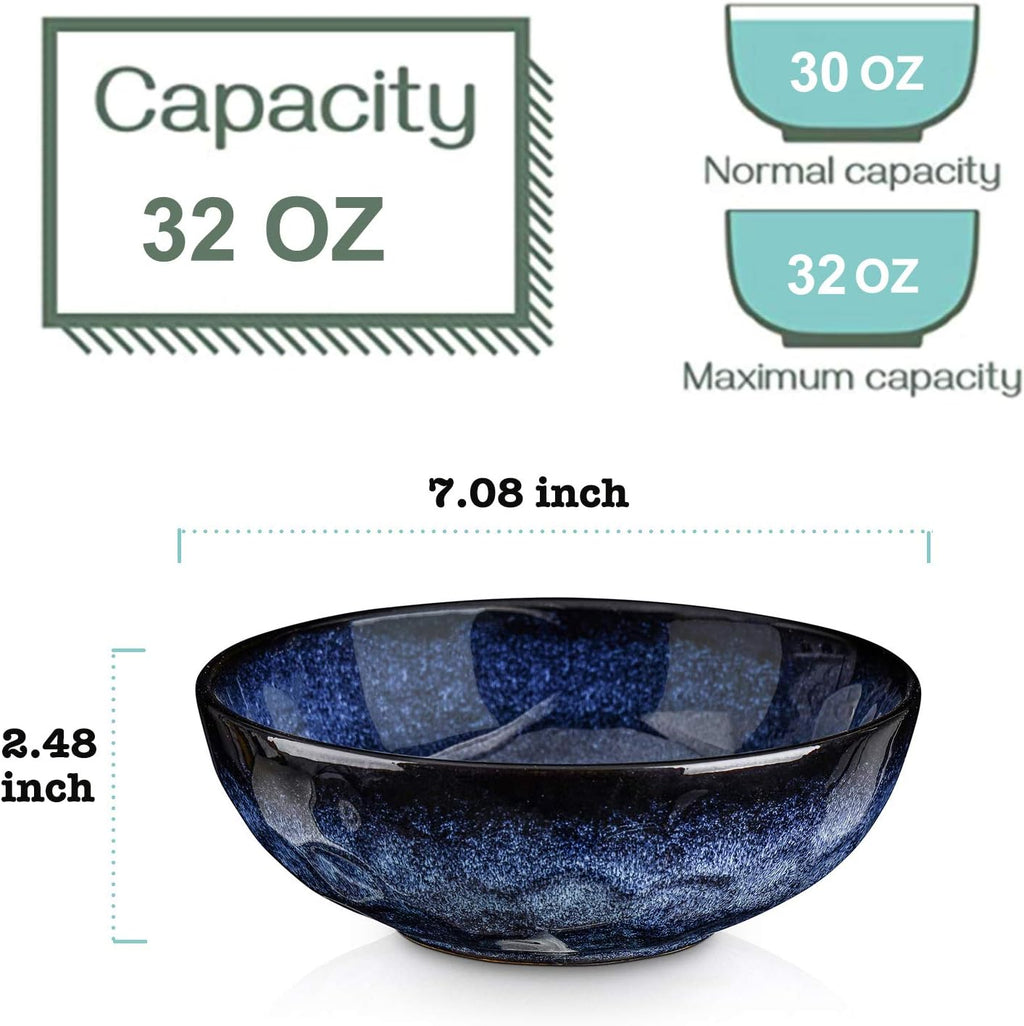 vicrays Ceramic Salad Bowls Set for Kitchen  Serving - 32 Ounce Soup Bowls  Pasta Bowls  Chip Resistant  Dishwasher Microwave Safe  Large  Fluted  stoneware  Set of 6 (Blue)
