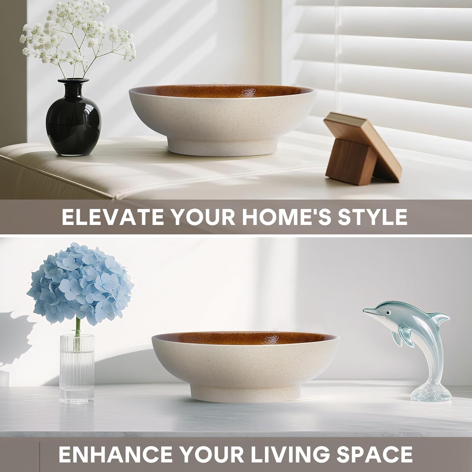 10" Decorative Bowl Ceramic Fruit Bowl for Kitchen Counter Coffee Table  Dining Room Table Centerpiece Bowel Entryway Key Holder & Jewelry Organizer(Wheat Gold)