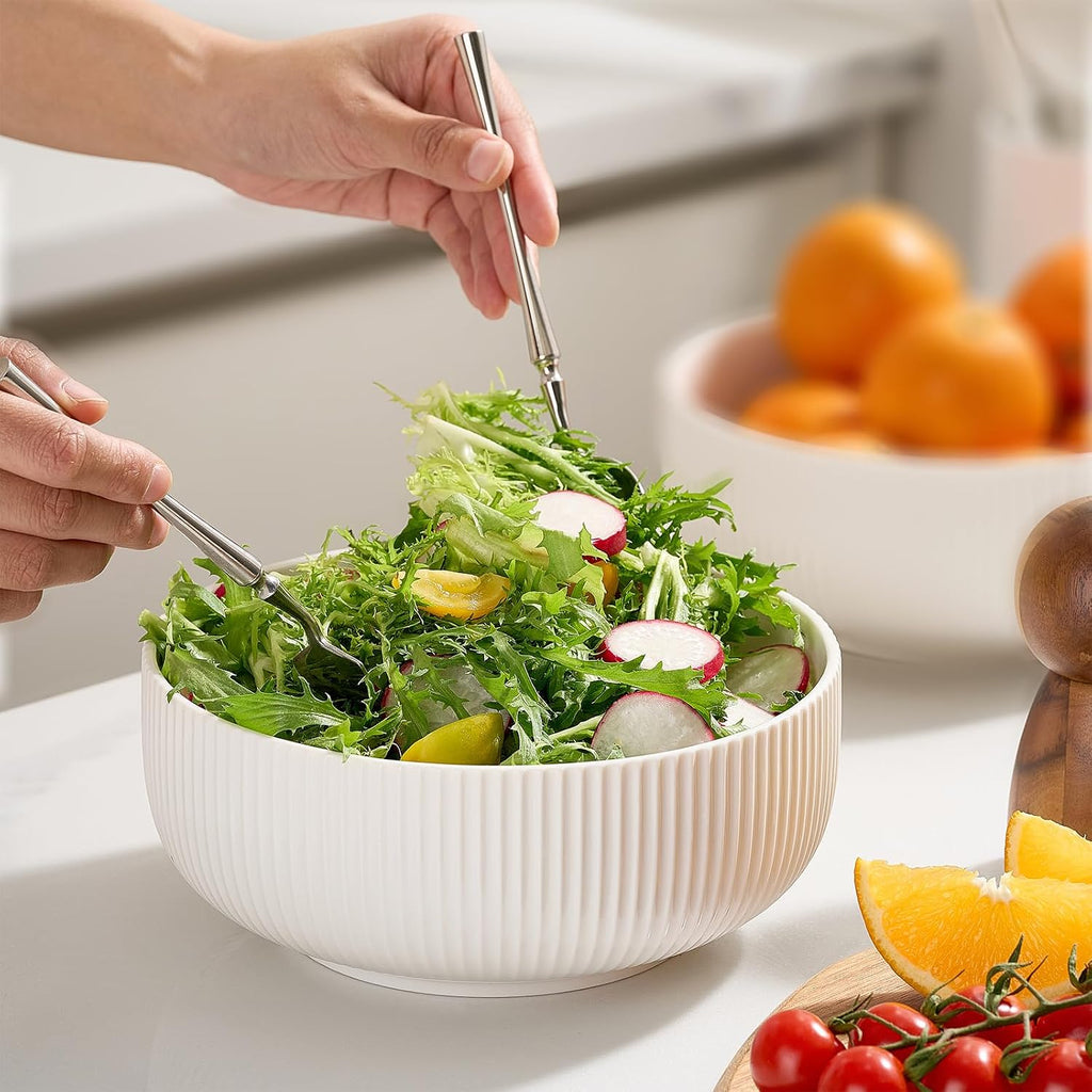 Mfacoy 2 Pack Salad Bowl  8 inch 60 oz Large Serving Bowl Set  Deep Bowl for Kitchen  White Ceramic Bowl Set for Soup  Cereal  Ramen  Pasta  Salad  Dishwasher & Microwave Safe  Easy Clean