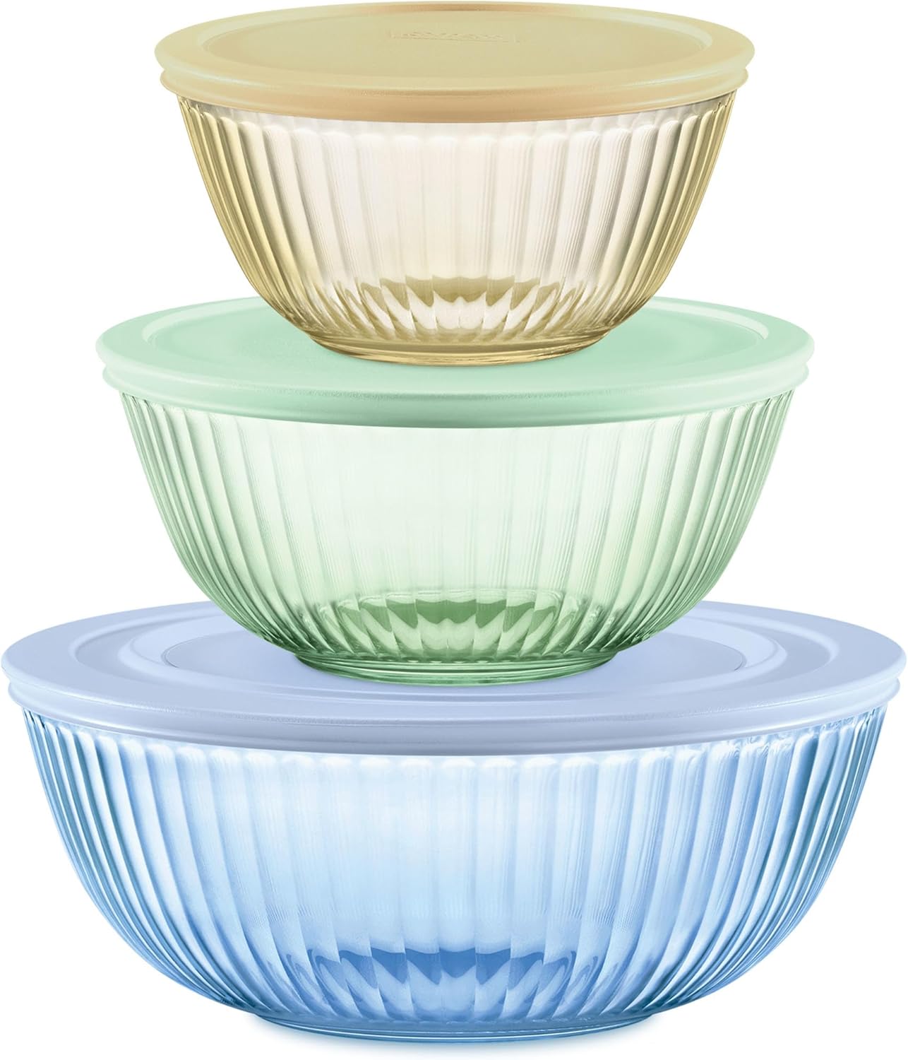 Pyrex Colors Tinted (3-Pack  Full Set) Sculpted Tinted Glass Mixing Bowls With Lids  Nesting Space Saving Set of Bowls For Prepping and Baking  1.3QT  2.3QT & 4.5Q