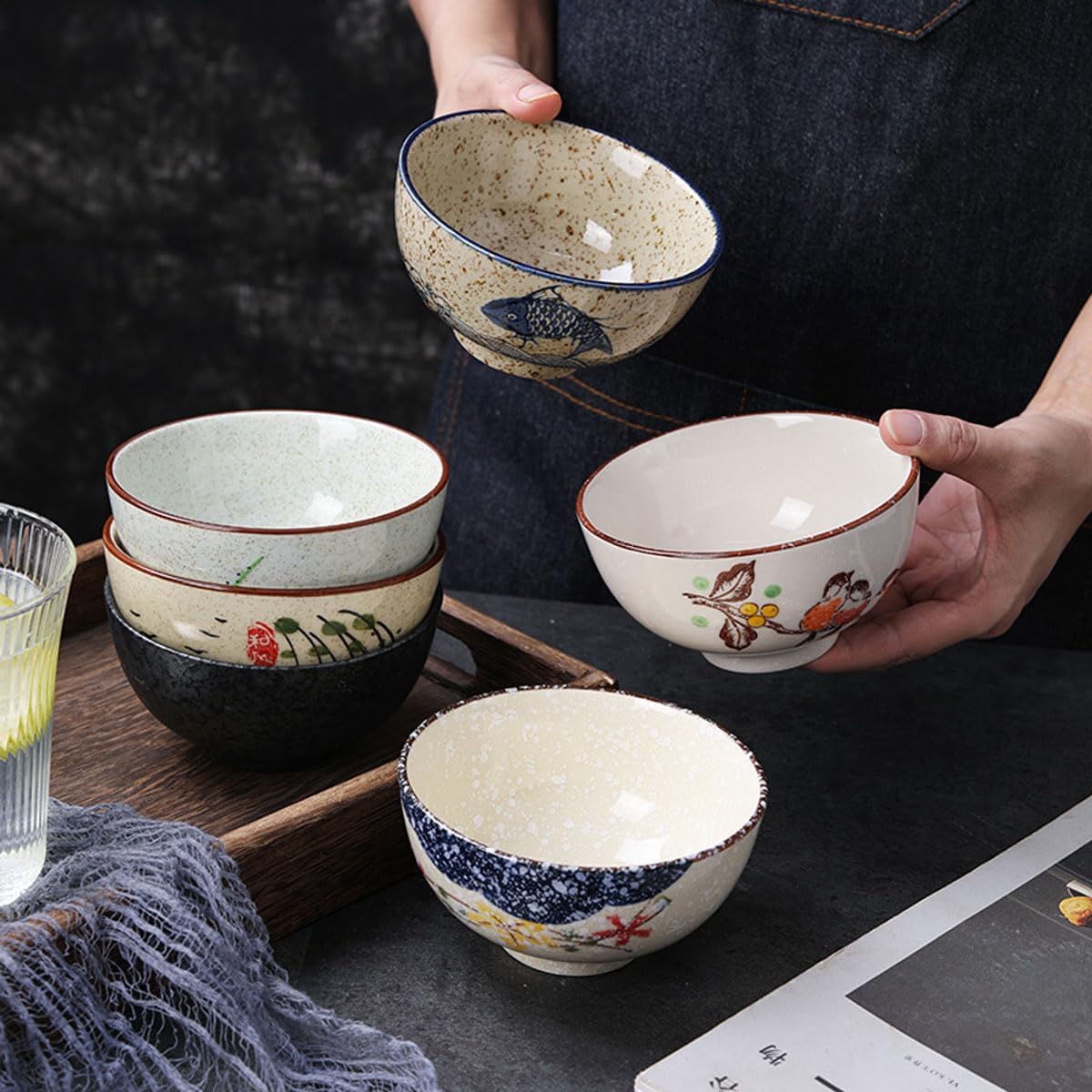 Cereal Bowls Set of 6，10 Oz Ceramic Soup Bowls 4.5 inch Color Kitchen Bowl for Cereal  Salad  Soup  Dessert  or Snacks (6-piece set)