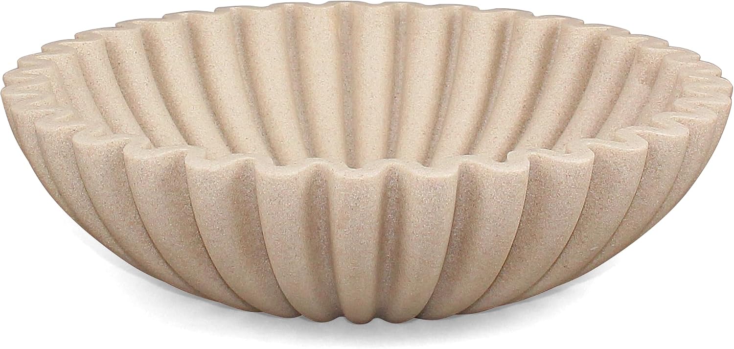 Ruffle Decorative Bowl  Large Fruit Bowl for Kitchen Counter  Stylish Key Bowl for Entry Table  Handcrafted Home Decor Display bowl  Artificial Stone Beige