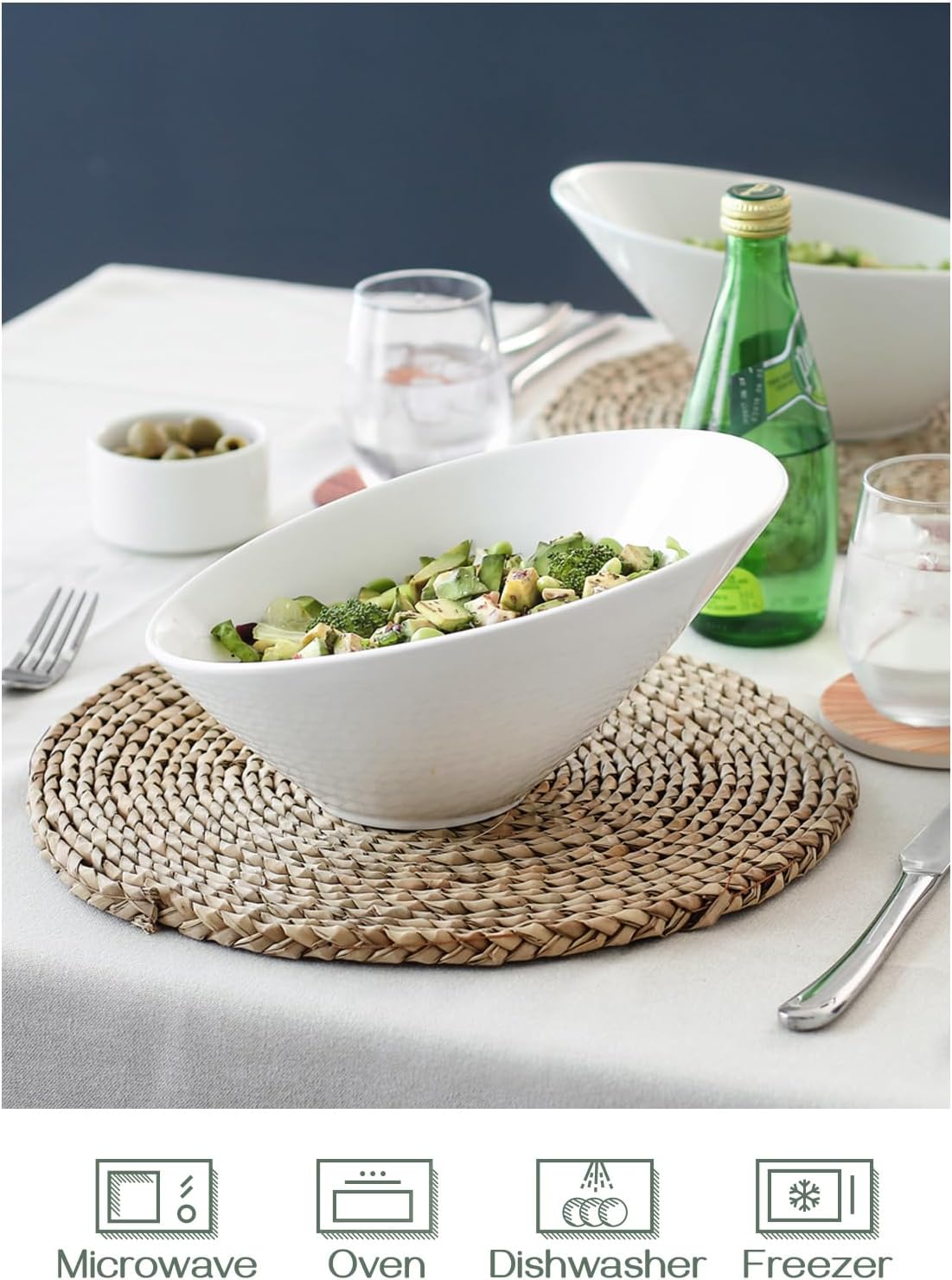 DOWAN 23 OZ Slanted Salad Bowls of 2 Packs - 9.5" Angled Serving Bowls for Salad  Fruit  Snacks - Ceramic White Bowls for Restaurant  Daily Use - Dishwasher & Microwave Safe