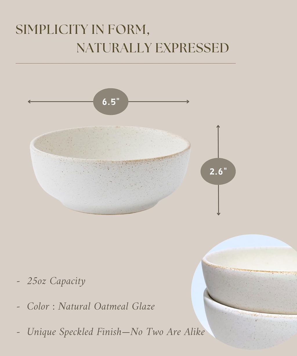 Stoneware Bowl Set of 4-25oz  6.5" Ceramic Serving Bowls for Salad  Cereal  Soup & Fruit - Microwave & Dishwasher Safe - Rustic Minimalist Design - Oatmeal Cream - Ideal Gift