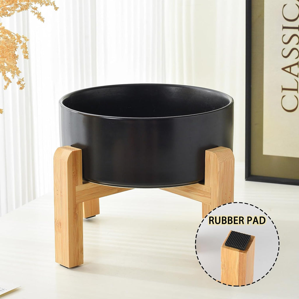 6'' Ceramic Raised Dog Bowl - 30Oz Dog Food & Water Bowl with Elevated Non-Slip Bamboo Stand  Dishwasher & Microwave Safe  Anti Vomiting Heavy Duty Pet Bowl for Small and Medium Dogs  Black