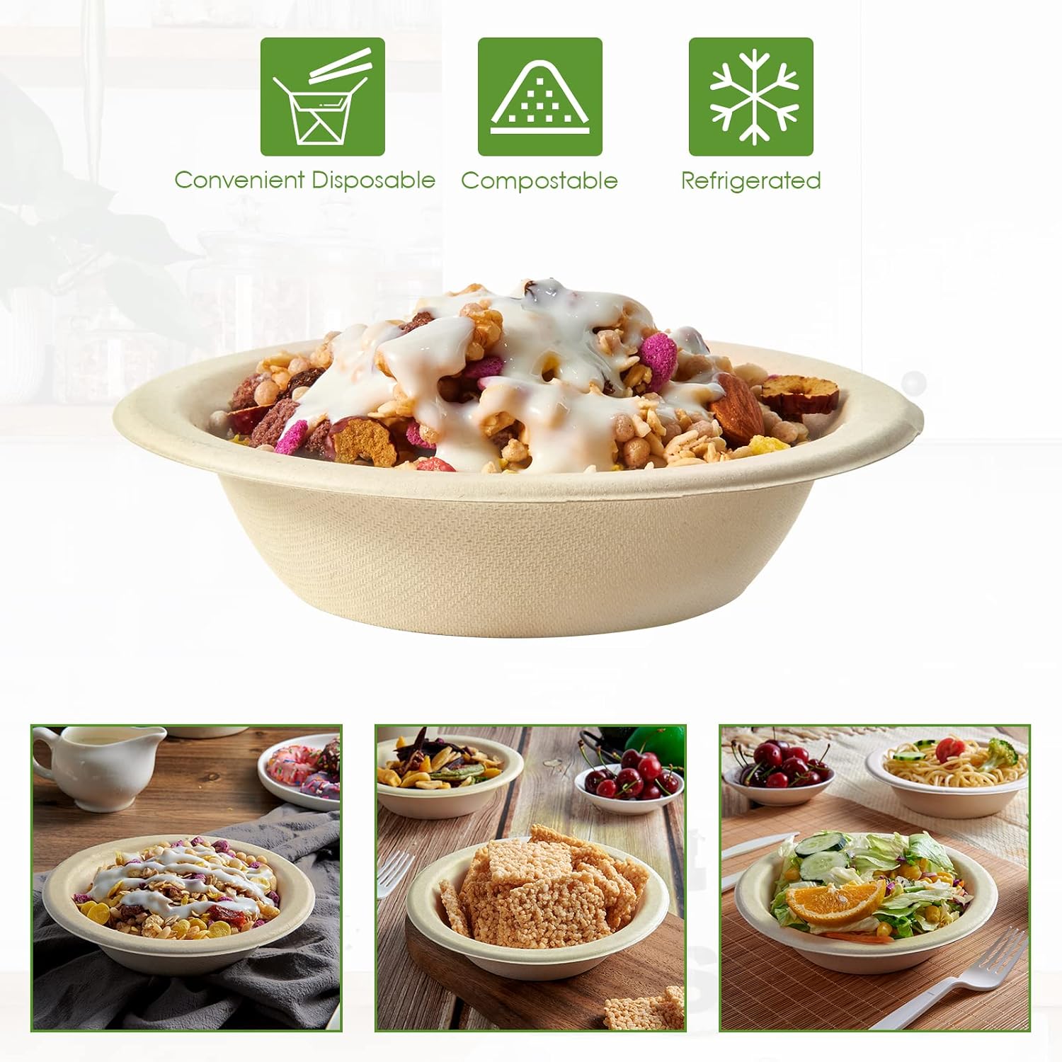 Vplus 500 Pack 12 OZ Paper Bowls Bulk  Disposable Compostable  Eco-friendly Bagasse  Heavy-duty Bowls Perfect for Milk Cereals  Snacks  Salads Nature