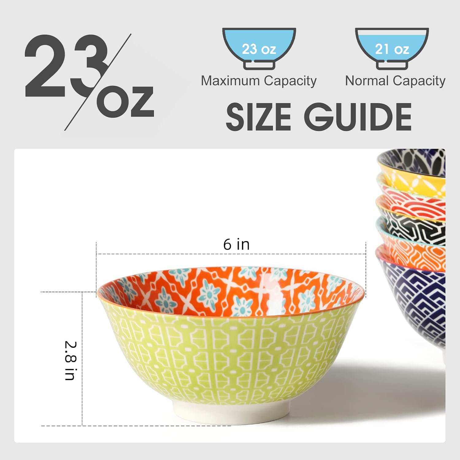 Ceramic Cereal Bowls  23 Oz Colorful Soup Bowls  Deep Porcelain Bowl Set for Salad  Dessert  Pasta  Ice Cream Set of 6