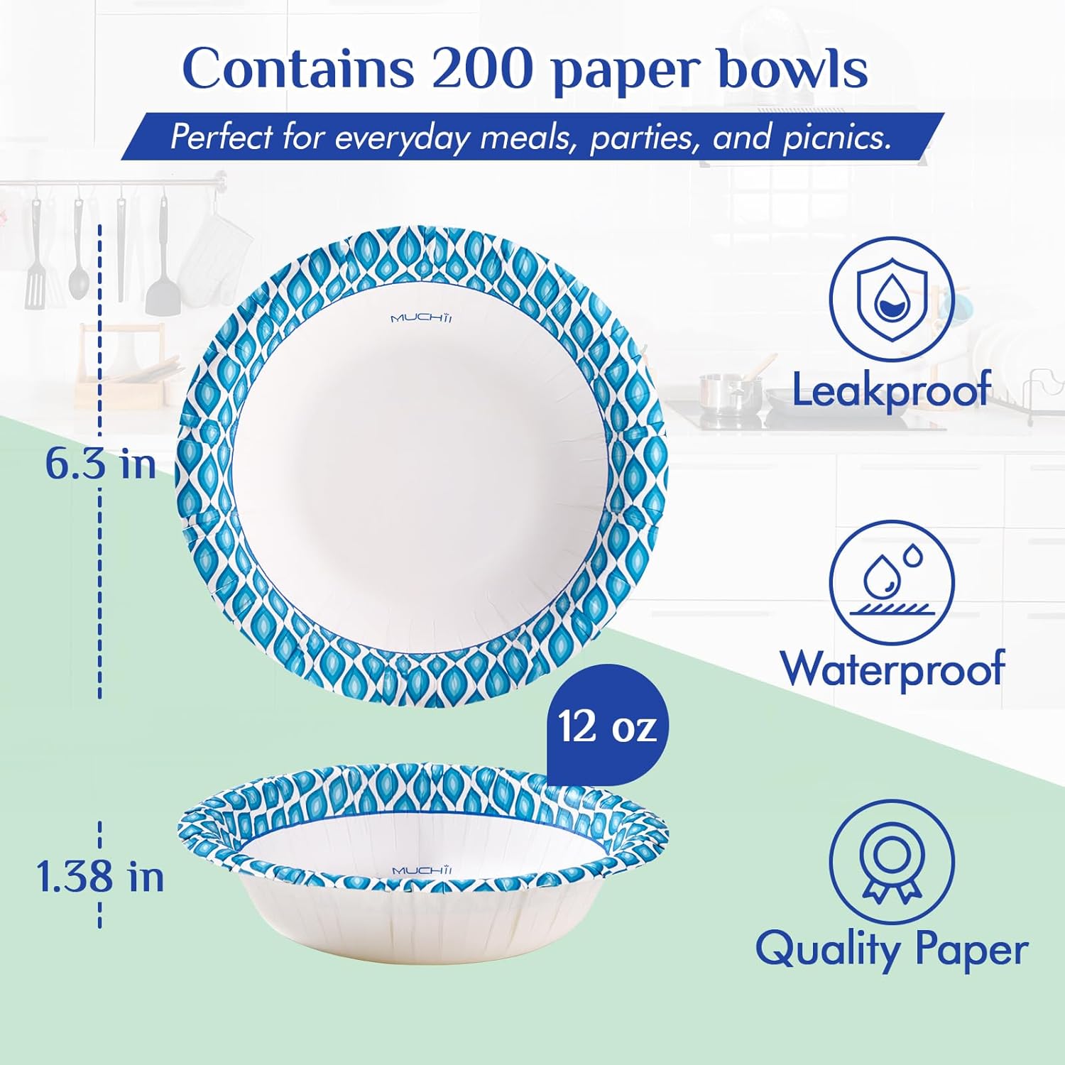 MUCHII 12 Oz Paper Bowls 200 Counts Disposable Bowls  Printed Soak Proof Small Bowls for Breakfast  Lunch  and Dinner Meals