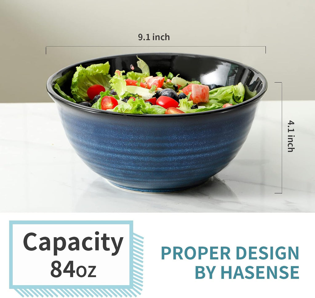 HASENSE Ceramic Serving Bowls  9 Inch Large Salad Bowls for Kitchen  84 Ounce Mixing Bowl Set of 2  Ideal for Soup Pho Pasta Popcorn  Dishwasher & Microwave Safe(Blue)