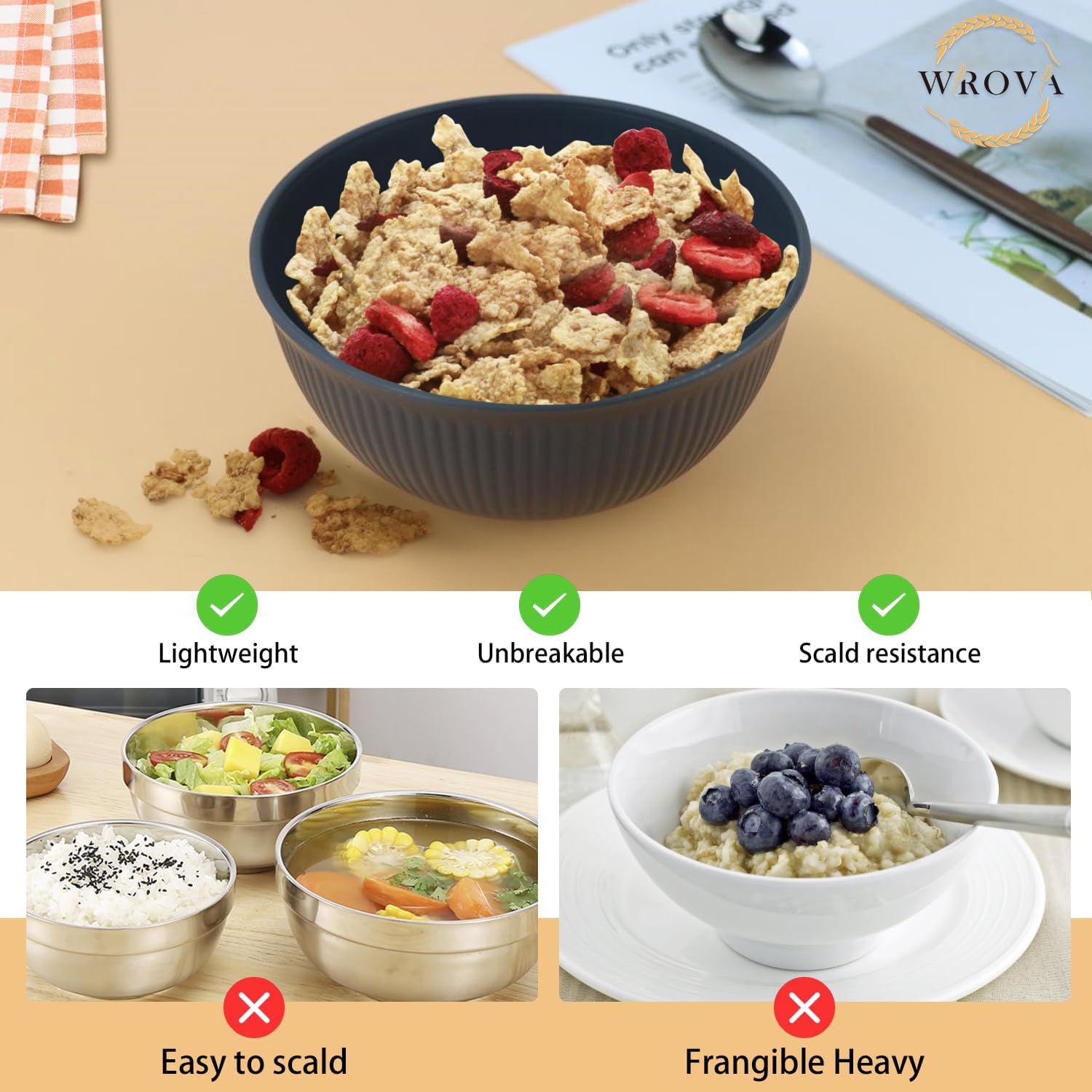 Wrova Wheat Straw Bowl Sets of 8 Unbreakable Cereal Bowl 26 OZ Microwave and Dishwasher Safe Bowls Salad Bowl suitable for Cereal Salad Snack and Soup. Winter-Pure Black