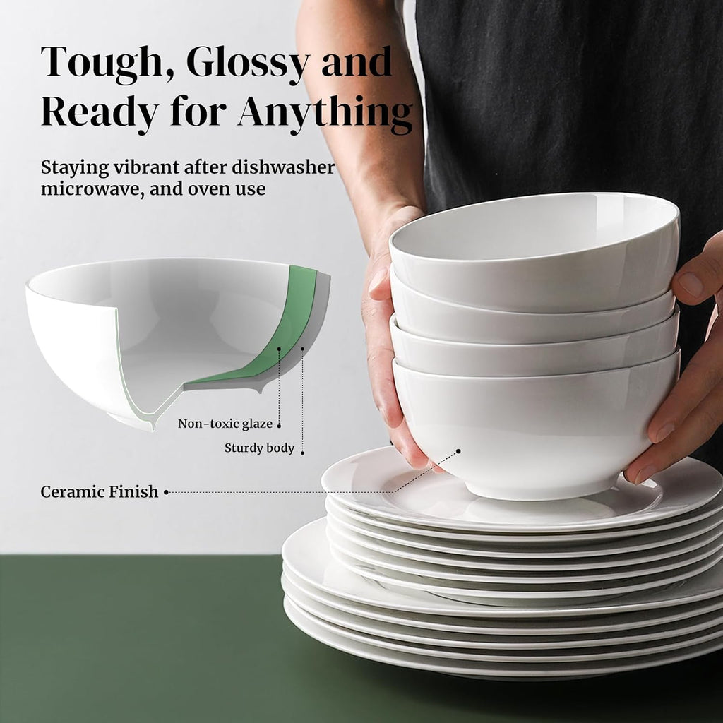 DOWAN 22 OZ White Ceramic Bowls Set of 4 - Perfect for Soup Bowls for Kitchen  Cereal Bowl  Ramen Bowl  Microwave Safe for Oatmeal  Fruit Salad and Rice Bowl - Dishwasher & Microwave Safe