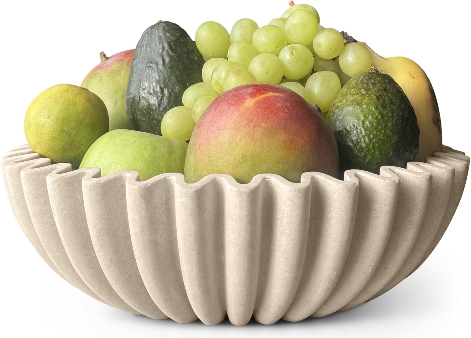 12" Extra Large Decorative Bowl – Decorative Fruit Bowl for Kitchen Counter  Modern Handmade Bowls for Home Decor  Ruffle Decor  Stylish Key Bowl for Entryway Table  Beige Artificial Stone