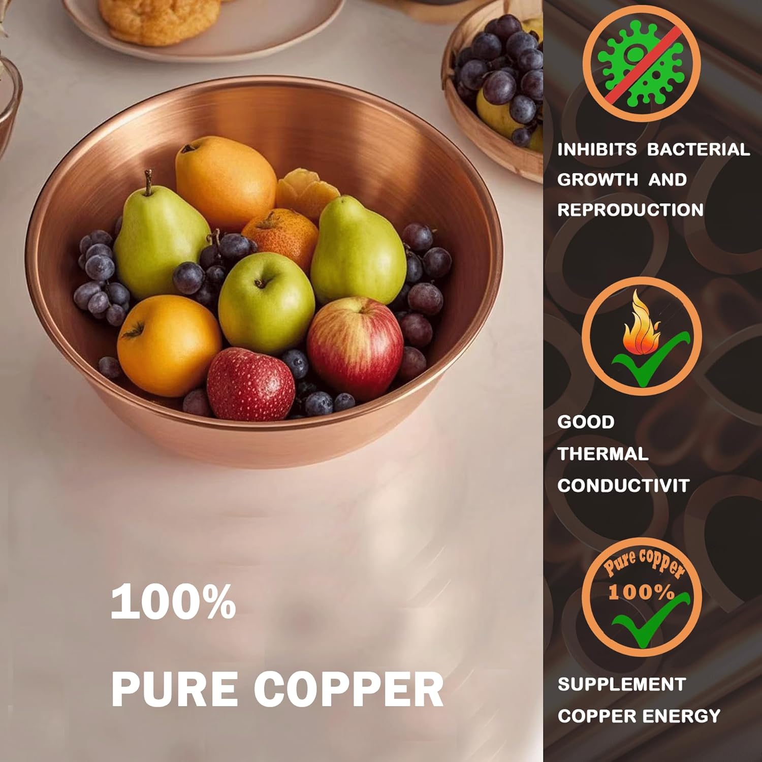 Purecopper-Medium 5.11'' Round Solid Copper Bowl - Handmade Decorative and Serving Bowls  Bowls for Food  Decoration  Condiments  Salt and Spices (2)