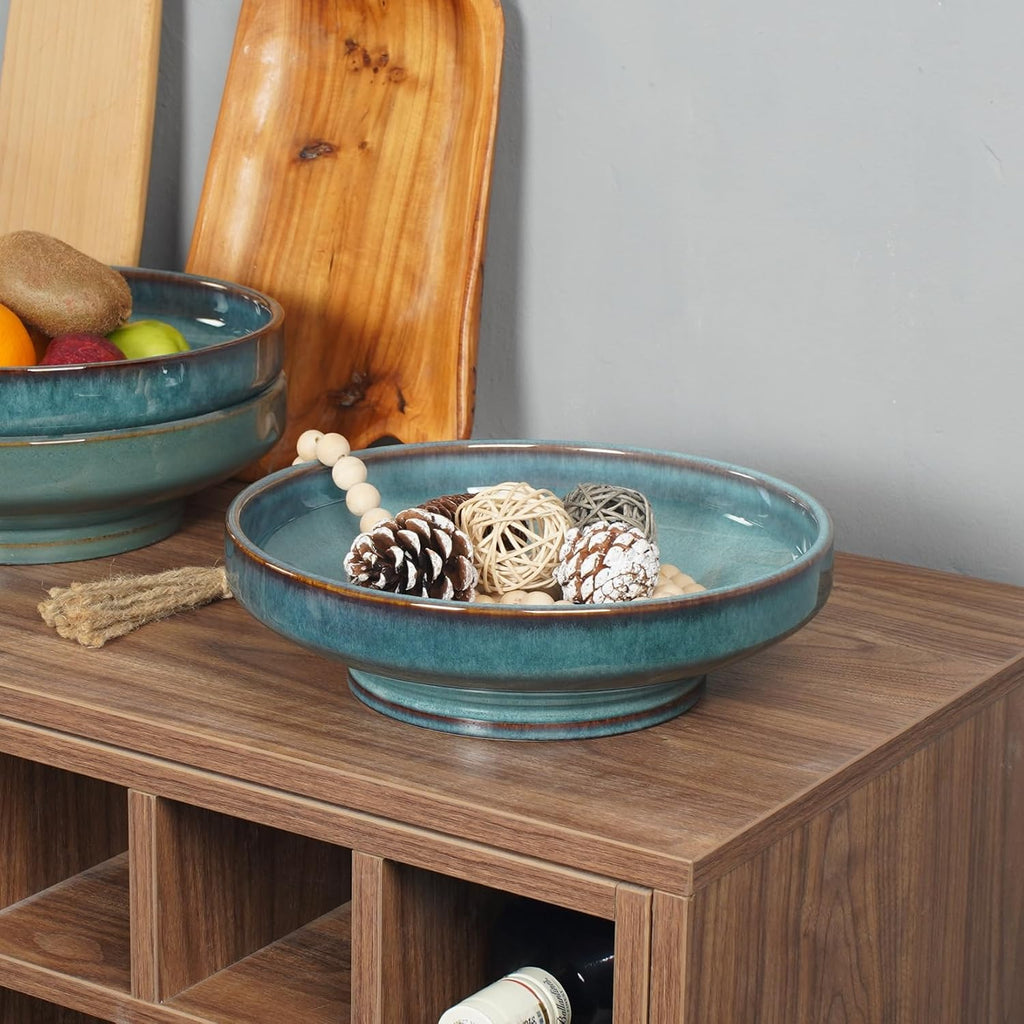 Ceramic Fruit Bowl for Kitchen Counter Decorative Pedestal Bowl for Table Countertop Large Footed Serving Bowl 10.2 Inch (Blue)