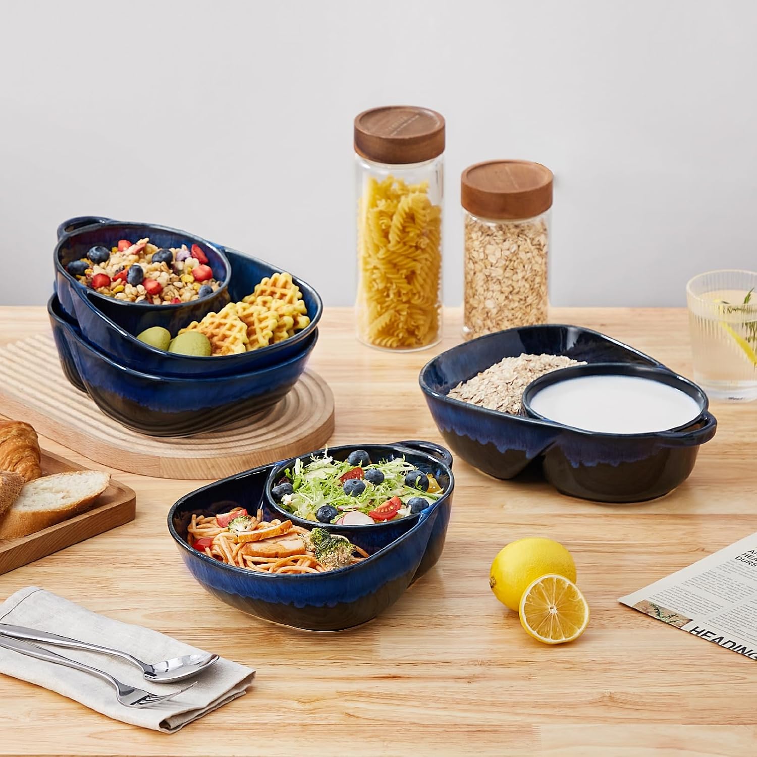 vancasso Starry Chip and Dip Bowl  Anti-Soggy Cereal Bowl  Soup and Sandwich Plate Combo  Breakfast Powls  Divided Snack Bowls Gifts for Wedding Housewarming Party  2 Pack(Blue)