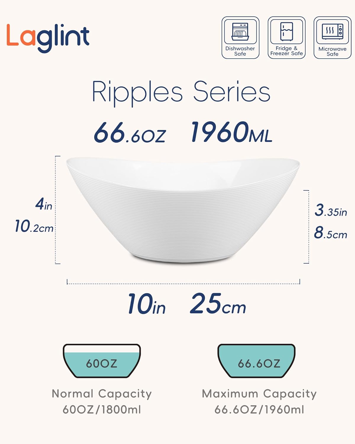 66 OZ Salad Bowl Set of 2  Opal Glass 10 inch Lightweight Serving Dishes for Salad  Fruit  Kitchen Microwave & Dishwasher Safe  Oval Shape White