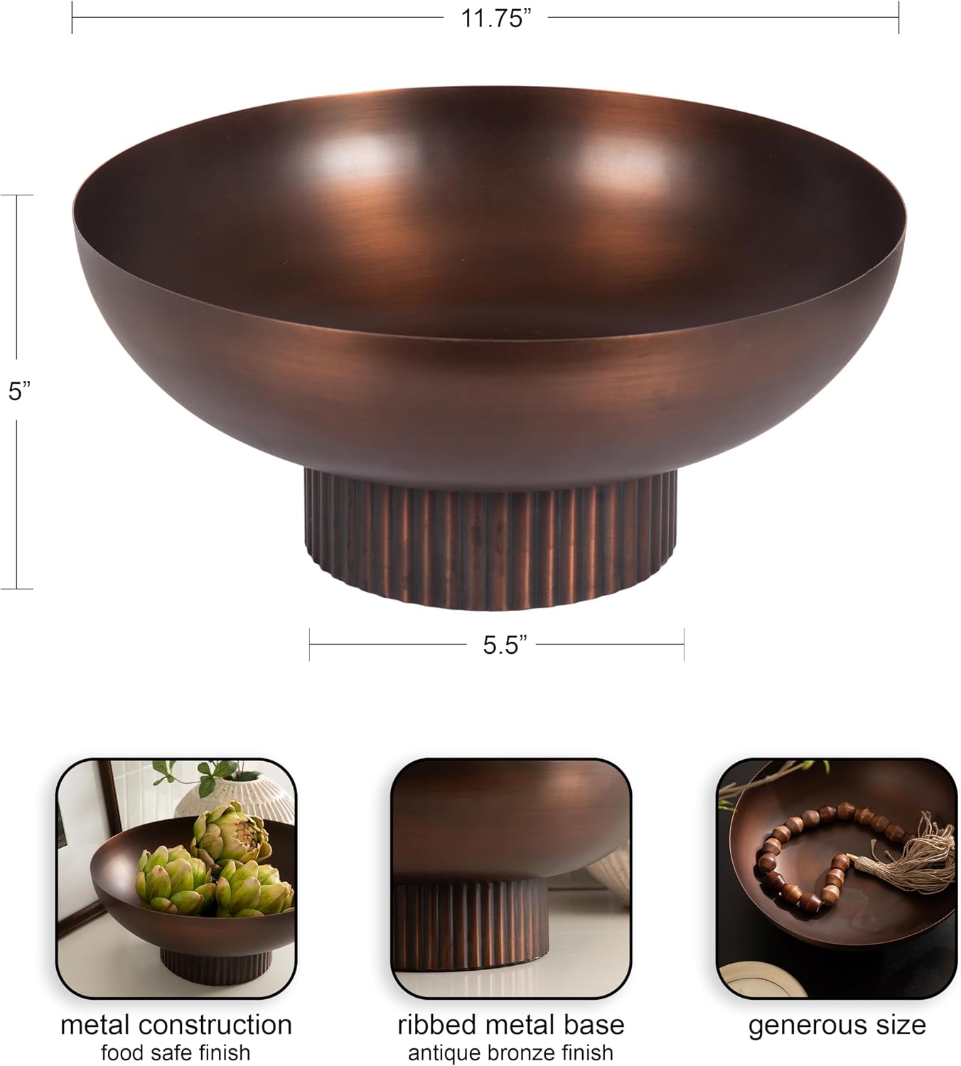 Kate and Laurel Rooks Ribbed Decorative Metal Bowl  12 Inch Diameter  Bronze  Vintage Raised Fruit Bowl for Kitchen Counter or Use as a Key Bowl for an Entryway Table