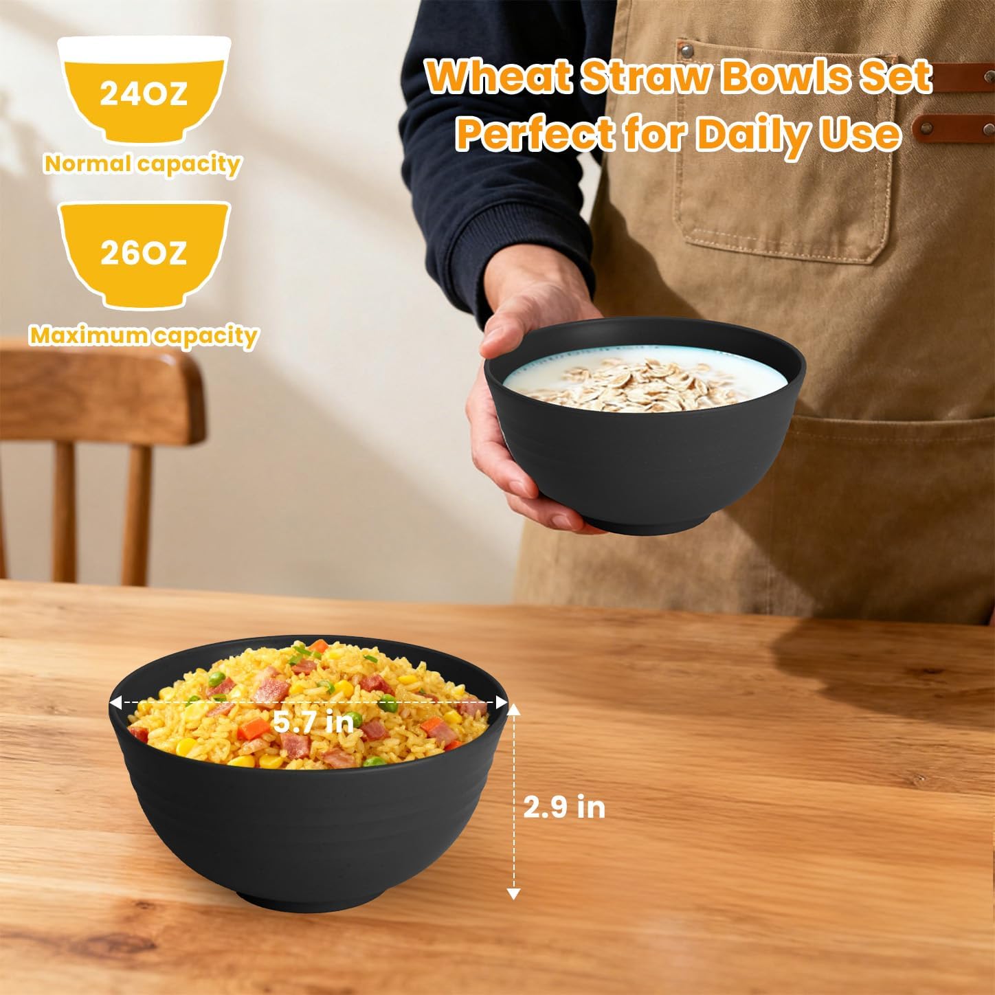 Homienly Cereal Bowl Set  Wheat Straw Bowls for Kitchen  Unbreakable Lightweight Bowl Set of 8  Microwave and Dishwasher Safe Bowls  Reusable Bowl for Serving  Cereal  Snack Fruit(Black  26 OZ)