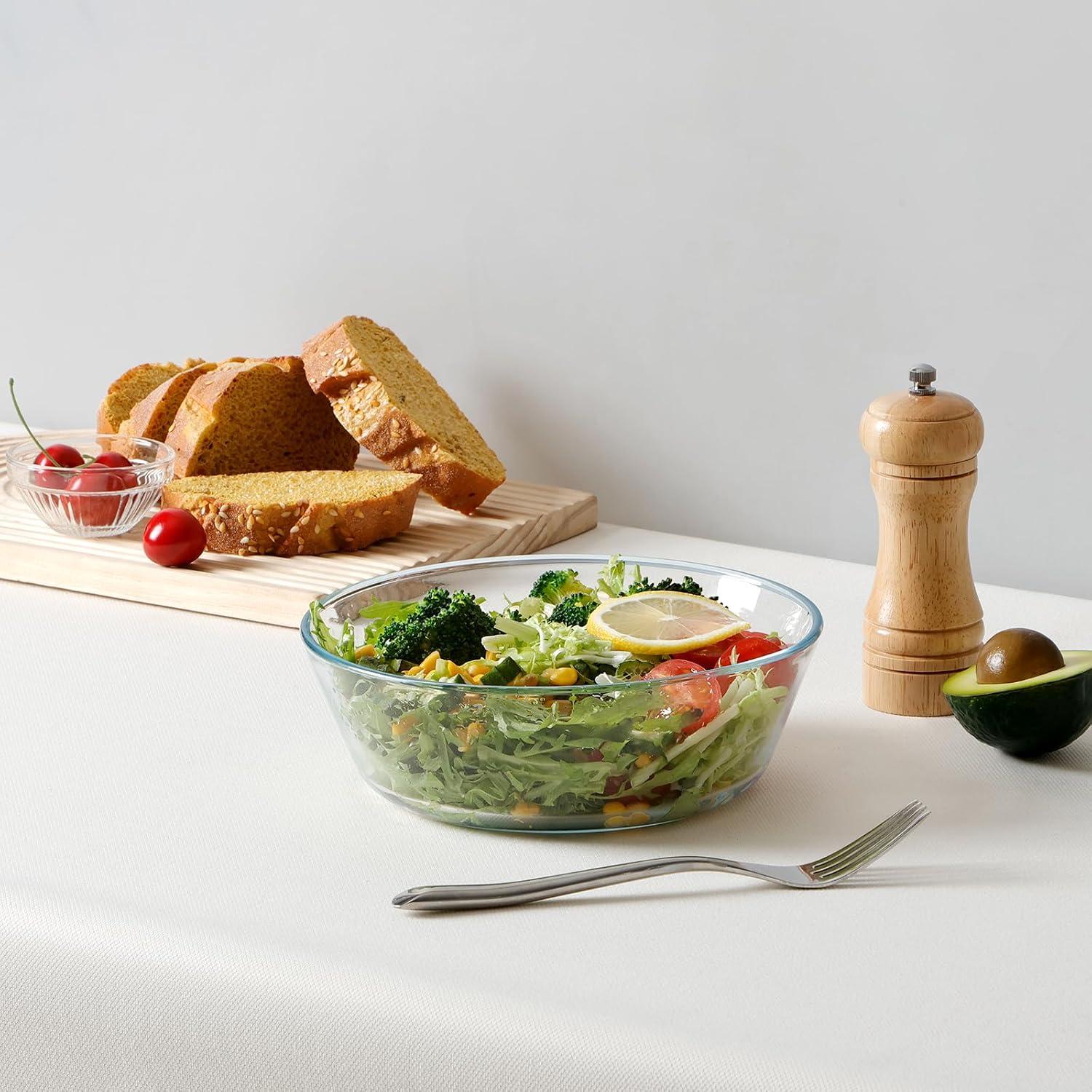 NUTRIUPS 44oz Flat Bottom Tempered Glass Bowl  8in Clear Glass Bowl for Kitchen  Small Glass Salad Bowls  Microwave and Oven Safe