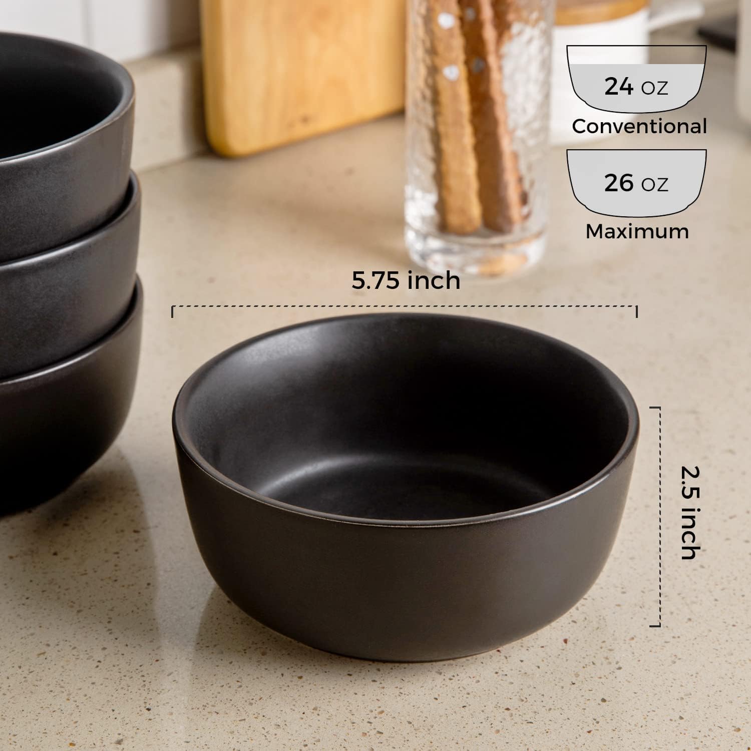 AmorArc Stoneware Cereal Bowls Set of 4  26oz Soup Bowls Set for Cereal Soup Snacks  Modern Kitchen bowls for Meal  Dishwasher &Microwave Safe  Matte Black
