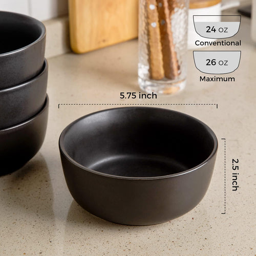 AmorArc Stoneware Cereal Bowls Set of 4  26oz Soup Bowls Set for Cereal Soup Snacks  Modern Kitchen bowls for Meal  Dishwasher &Microwave Safe  Matte Black