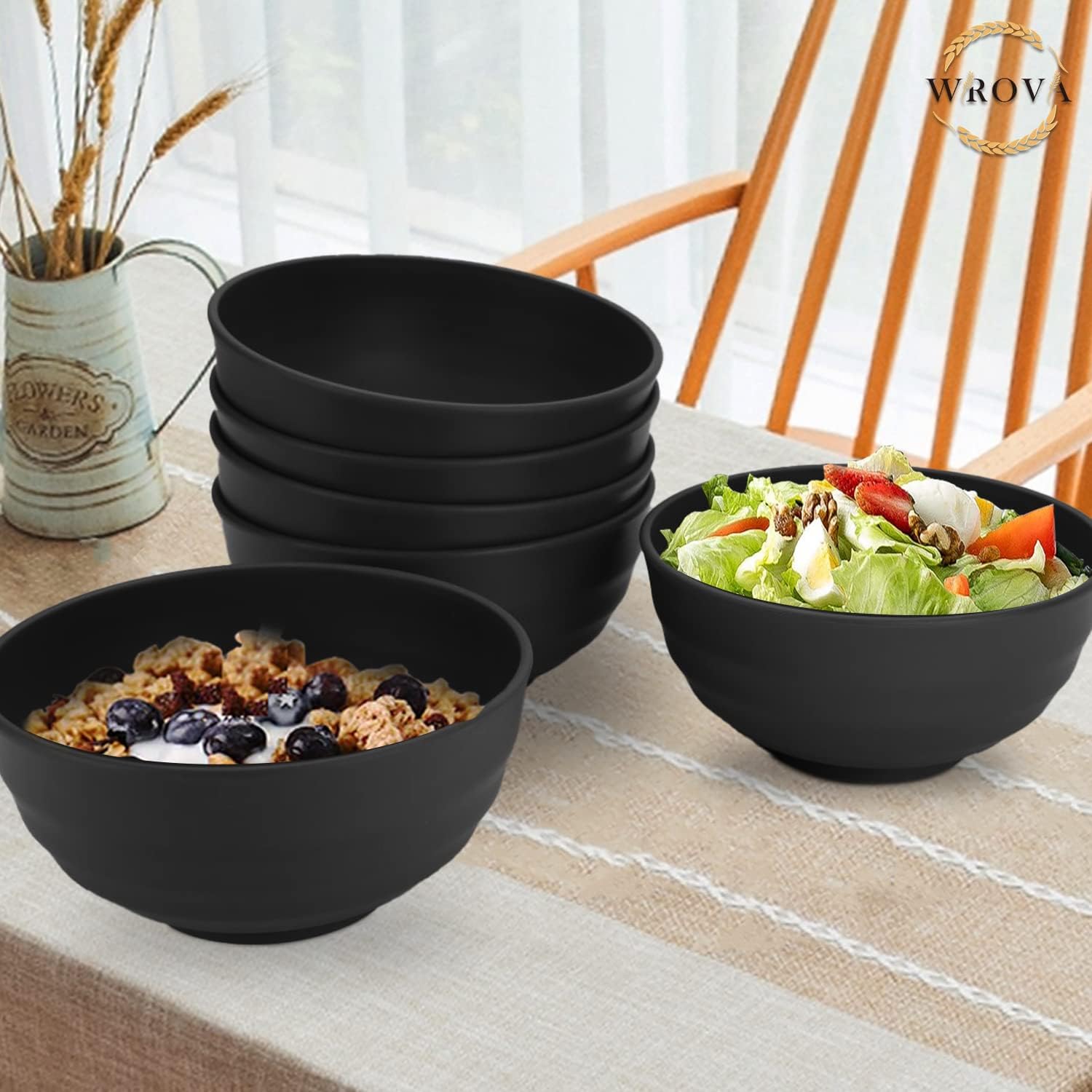 Wrova Wheat Straw Bowls Set 60 OZ Unbreakable Large Cereal Bowls Set of 6 Microwave and Dishwasher Safe Bowls Big Bowls for Camping and Picnic BPA Free Soup Bowl for Serving Oatmeal and Salad. Black